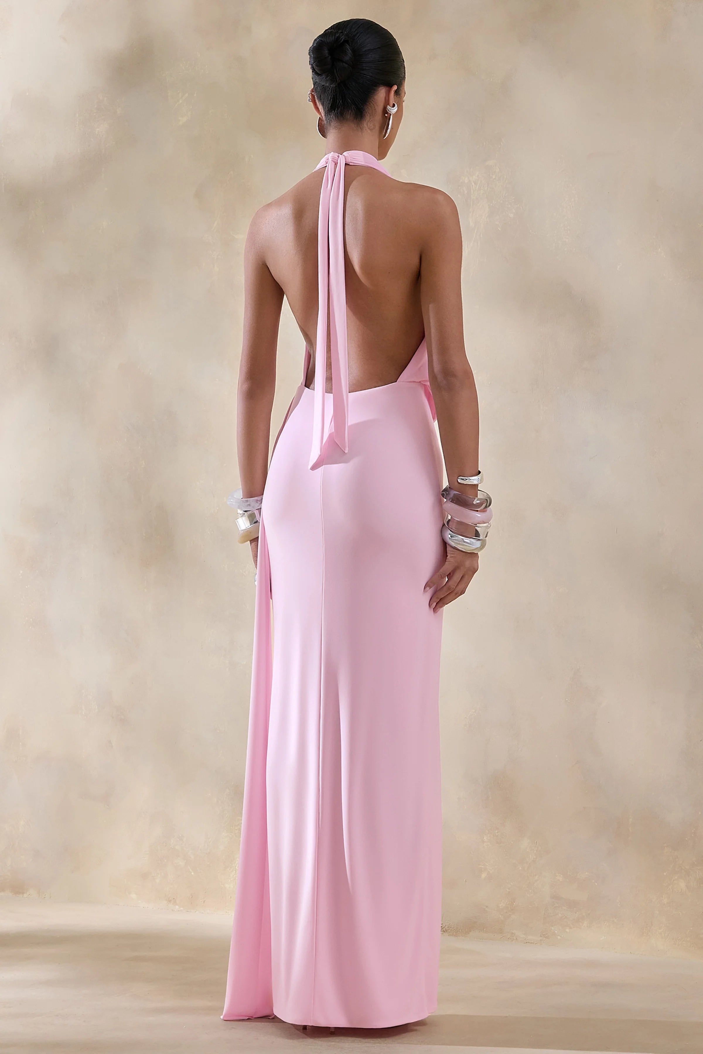 Rosina Pink Halter Neck Draped Maxi Dress With Sash