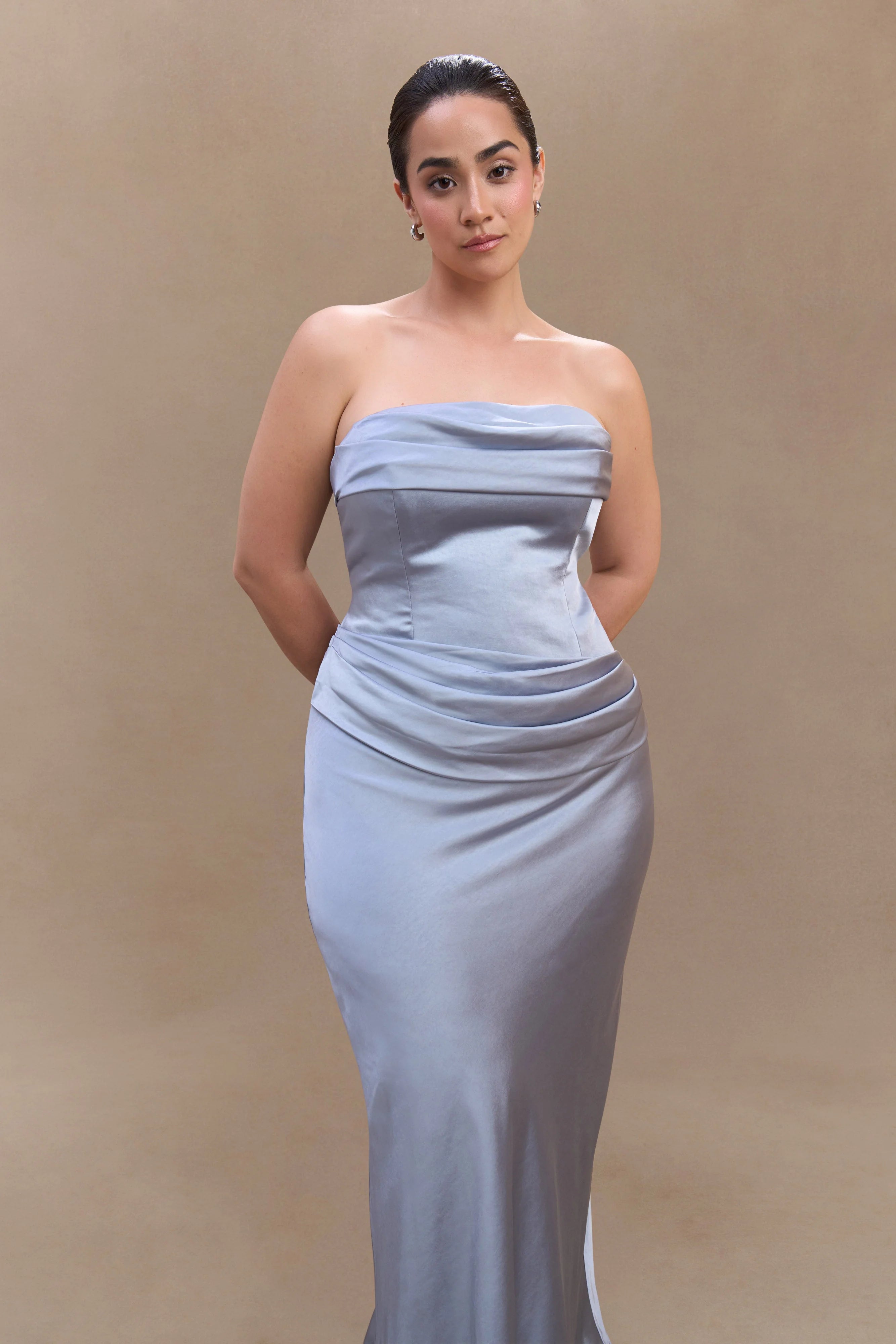 Jasmine Strapless Satin Maxi Dress Frosted Blue