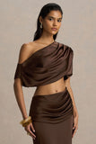 Entrapment Brown Satin Boat Neck Crop Top With Ruched Detailing