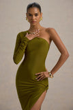 Astra Green One Shoulder Asymmetric Maxi Dress