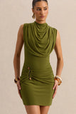 Flarissa Green Round Neck Mini Dress With Gold Detail And Draped Detailing