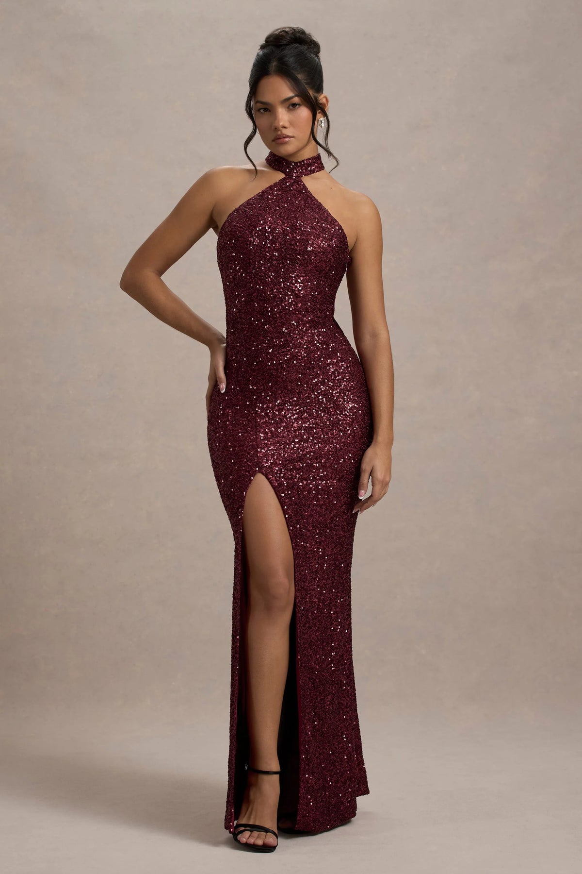On The Rise Berry Sequin High Neck Strappy Back Split Maxi Dress