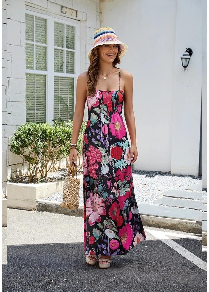 Women Boho Floral Maxi Dress Backless Spaghetti Strap A Line Flowy Summer Vacation Long Dress
