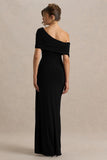 Dynasty Black Asymmetric Neck Maxi Dress With Ruched Detailing And Front High Split