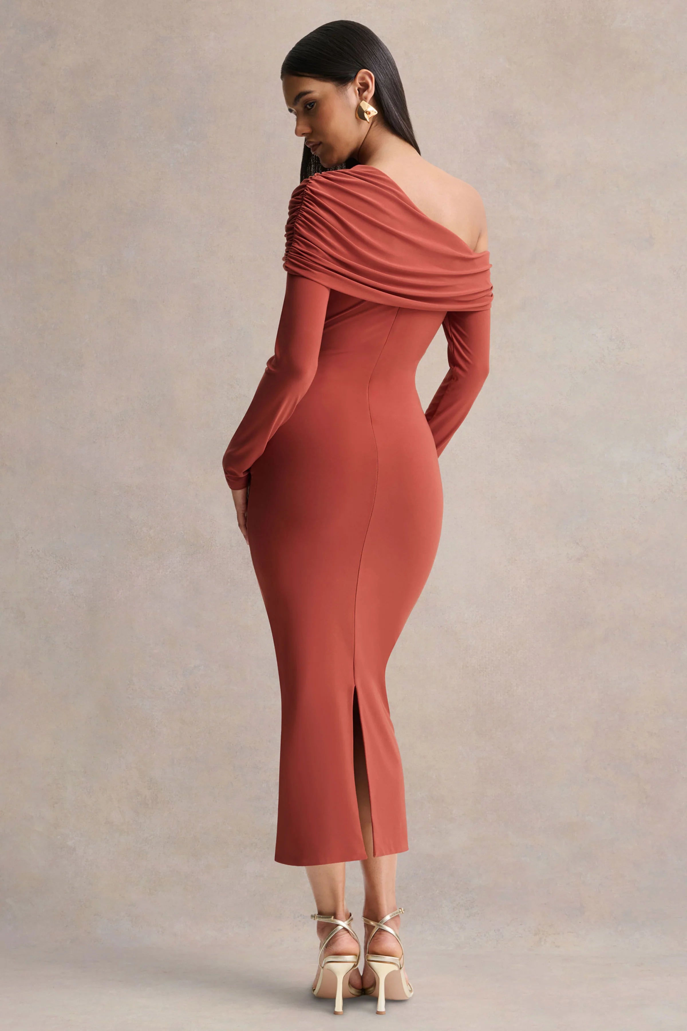 Elliora Rust Asymmetric Neck Midi Dress