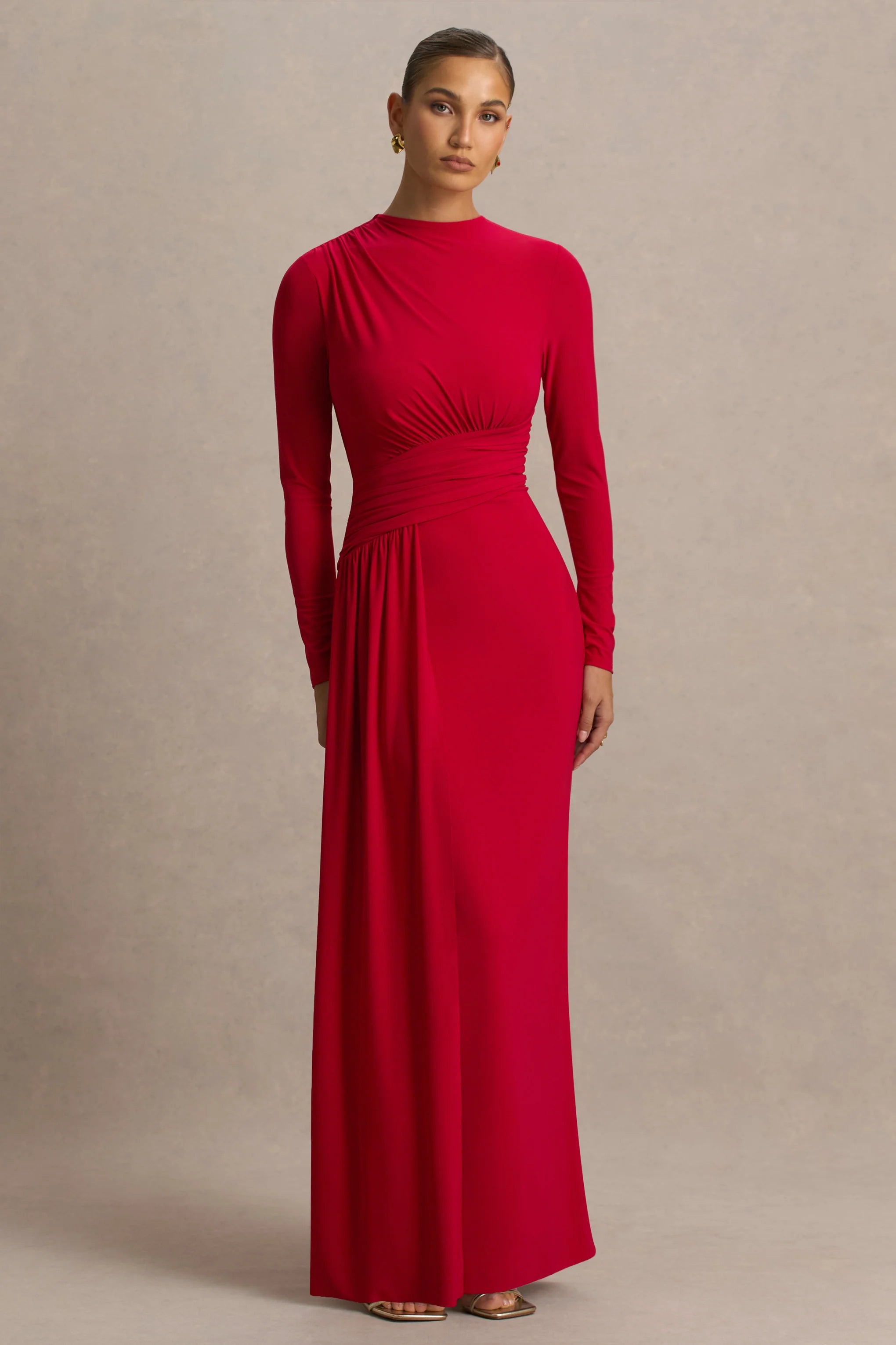Virelle Red Boat Neck Maxi Dress With Wrap Detail And Sash