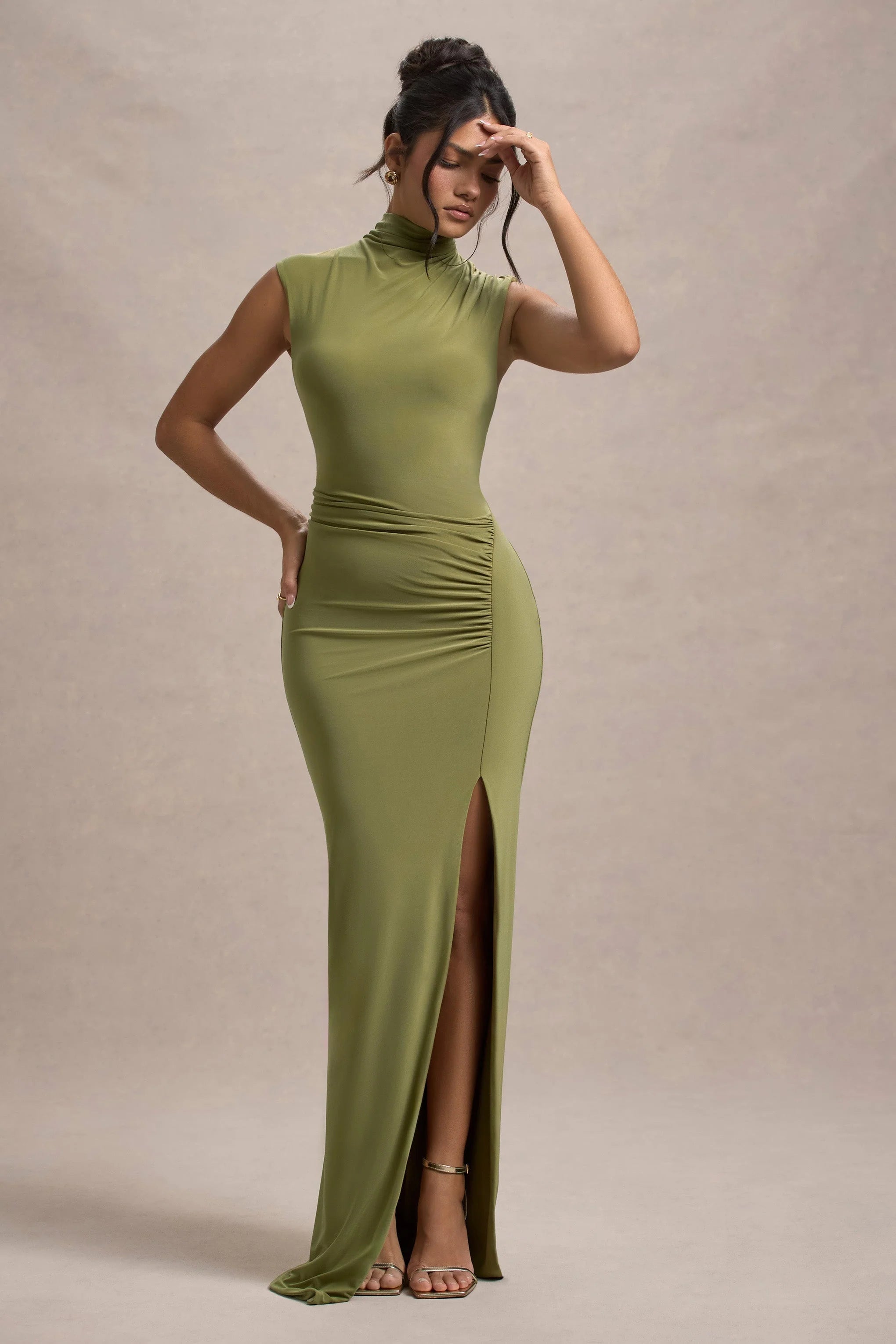 Lanetta Olive Ruched High Neck Maxi Dress With Split