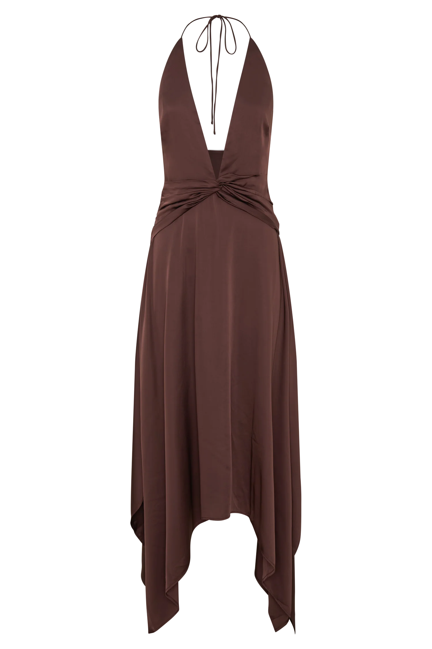 Cyra Plunge Satin Midi Dress Dark Chocolate