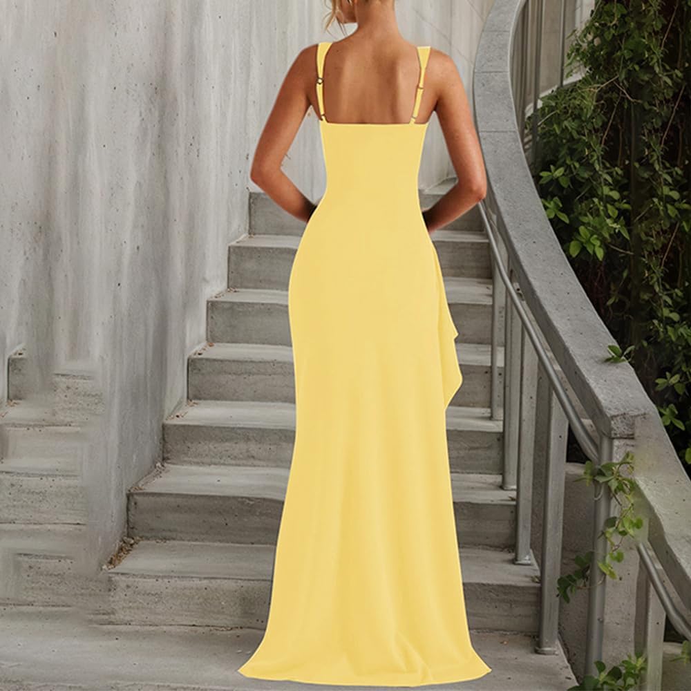 Women Formal Dresses Sleeveless Bodycon Ruched High Slit Sexy Maxi Dress Cocktail Prom