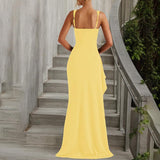 Women Formal Dresses Sleeveless Bodycon Ruched High Slit Sexy Maxi Dress Cocktail Prom