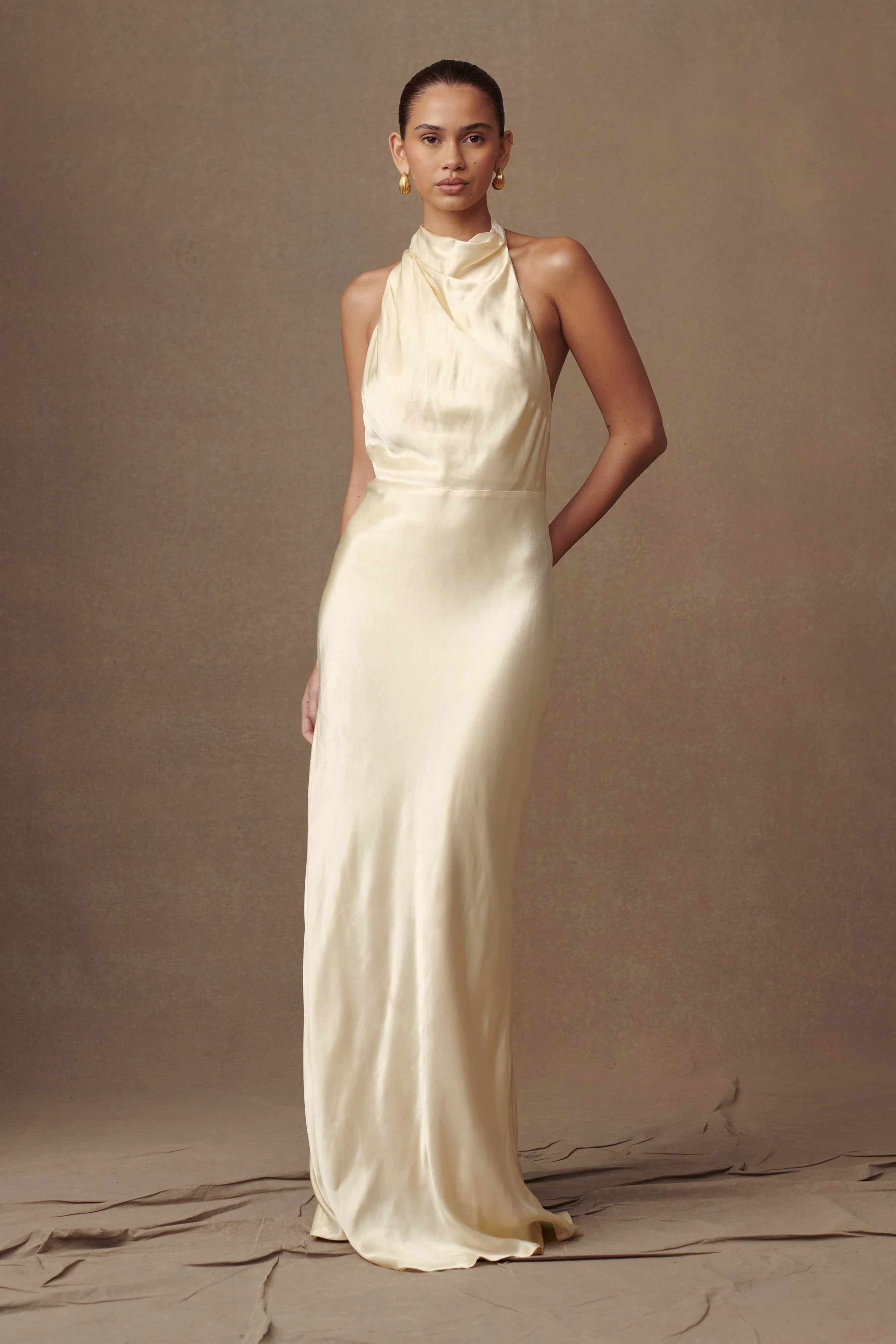 Esther Iridescent Satin Cowl Maxi Dress Lemon Sorbet