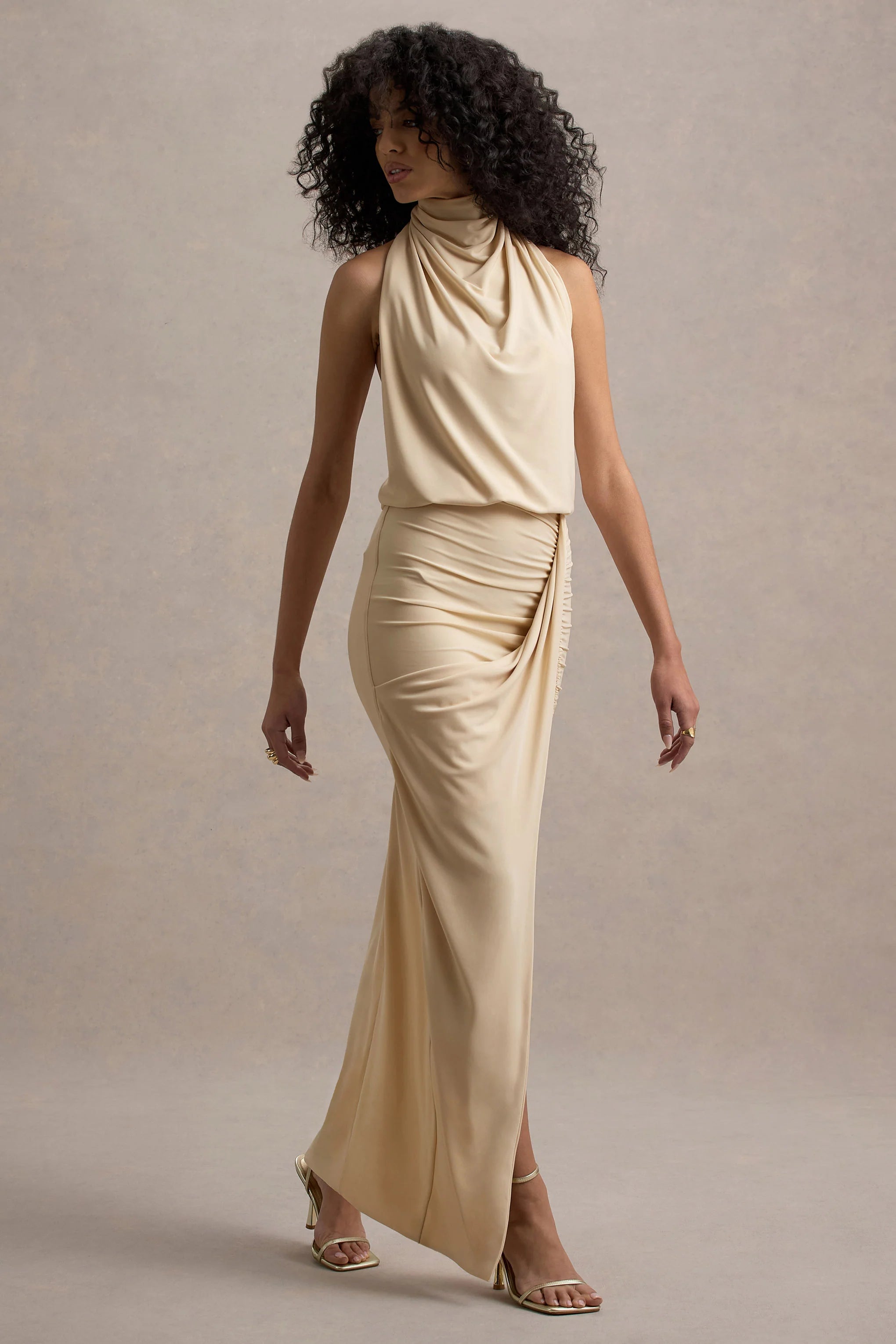 Hayden Sand High Neck Draped Split Maxi Dress