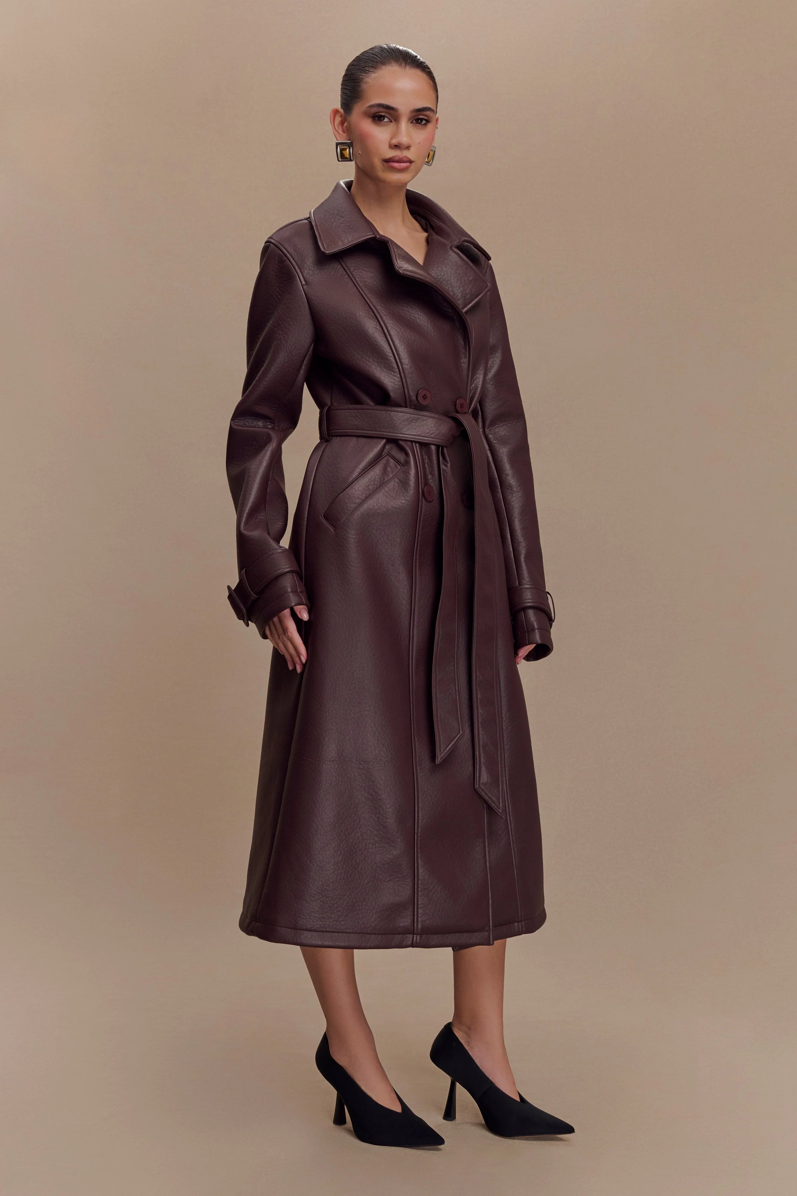 Tarah Faux Leather Trench Coat Cacao Brown