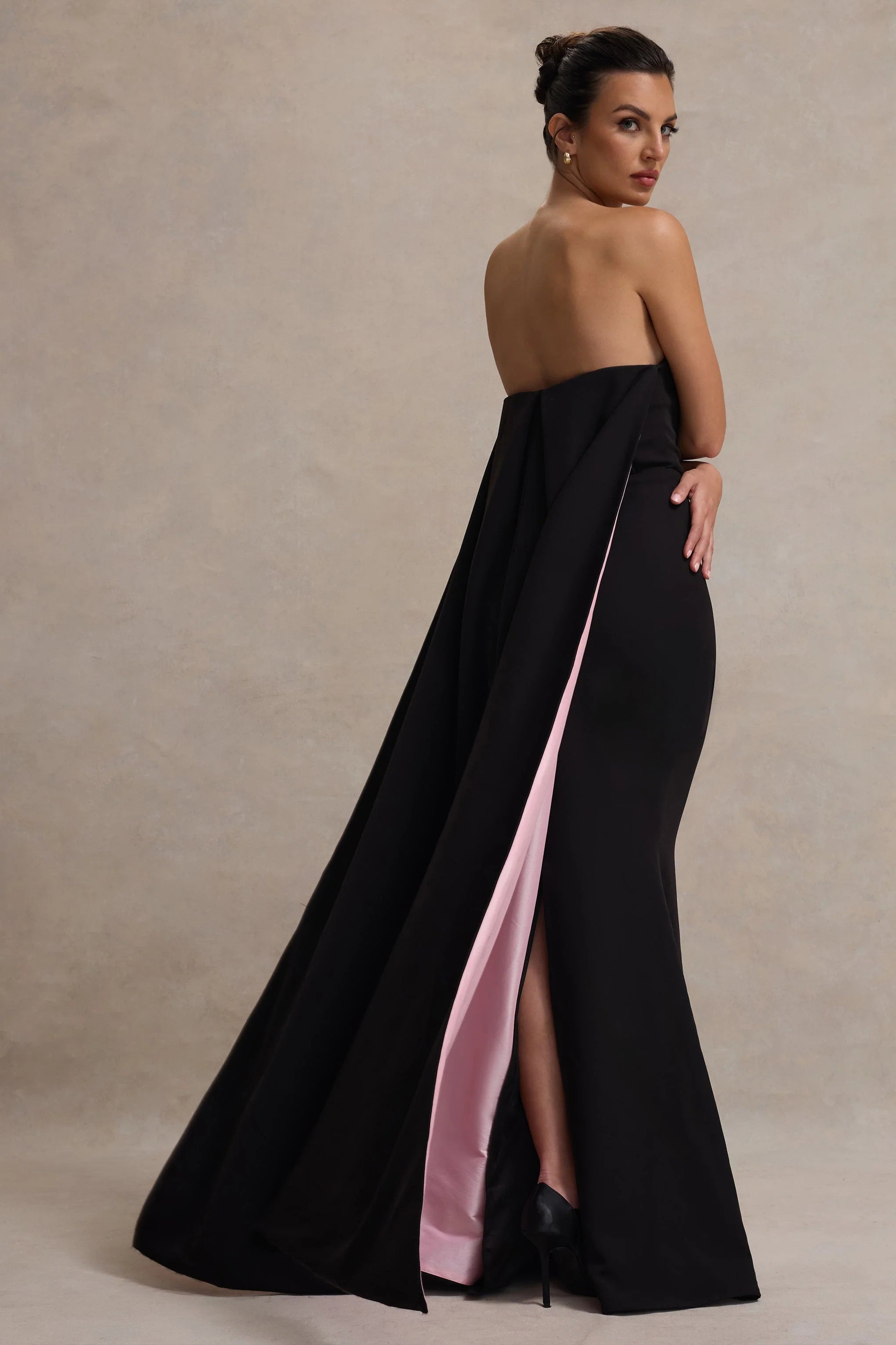 Shes Trouble Black Bandeau Maxi Dress With Pink Cape
