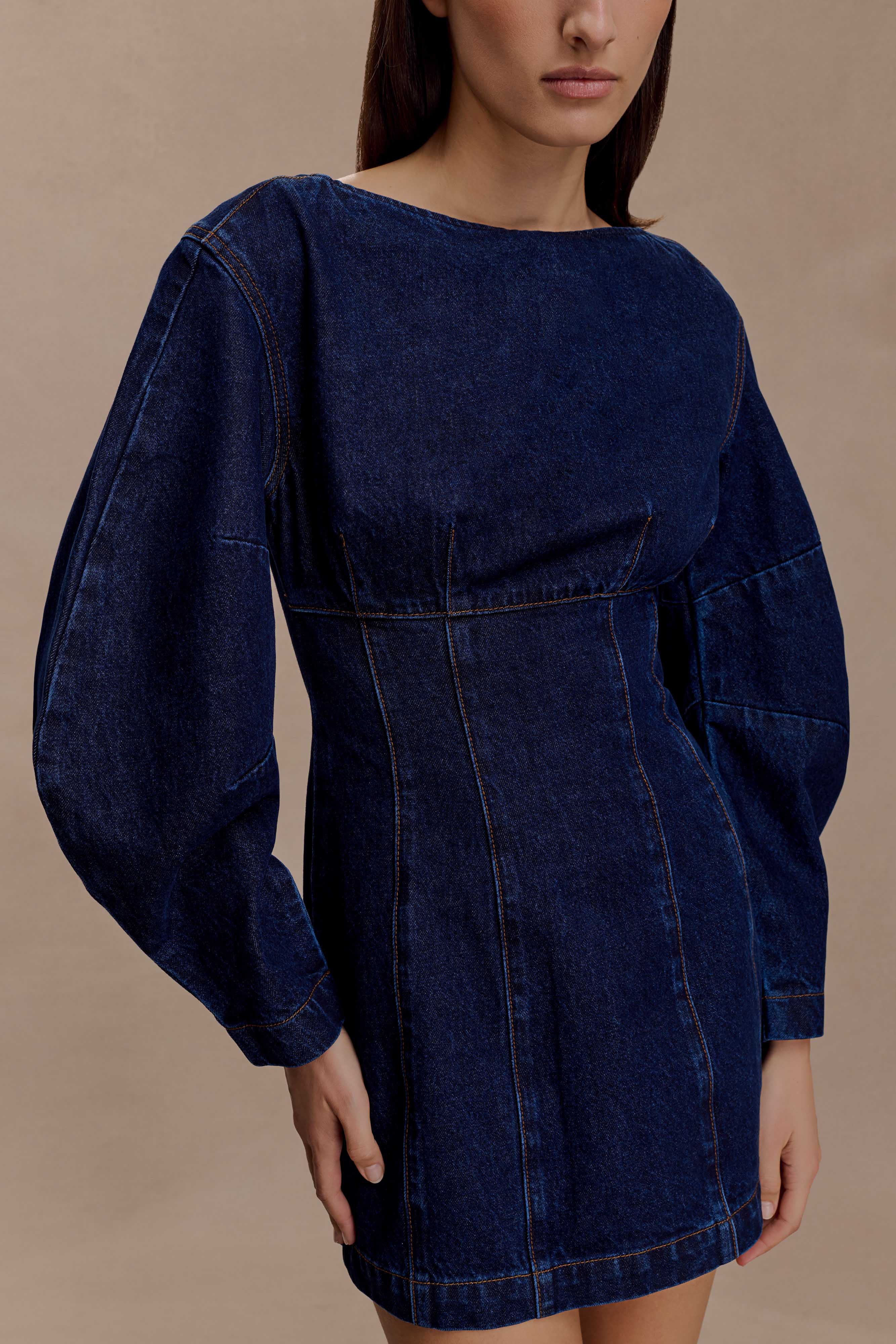 Cosmala Denim Long Sleeve Mini Dress Indigo Blue
