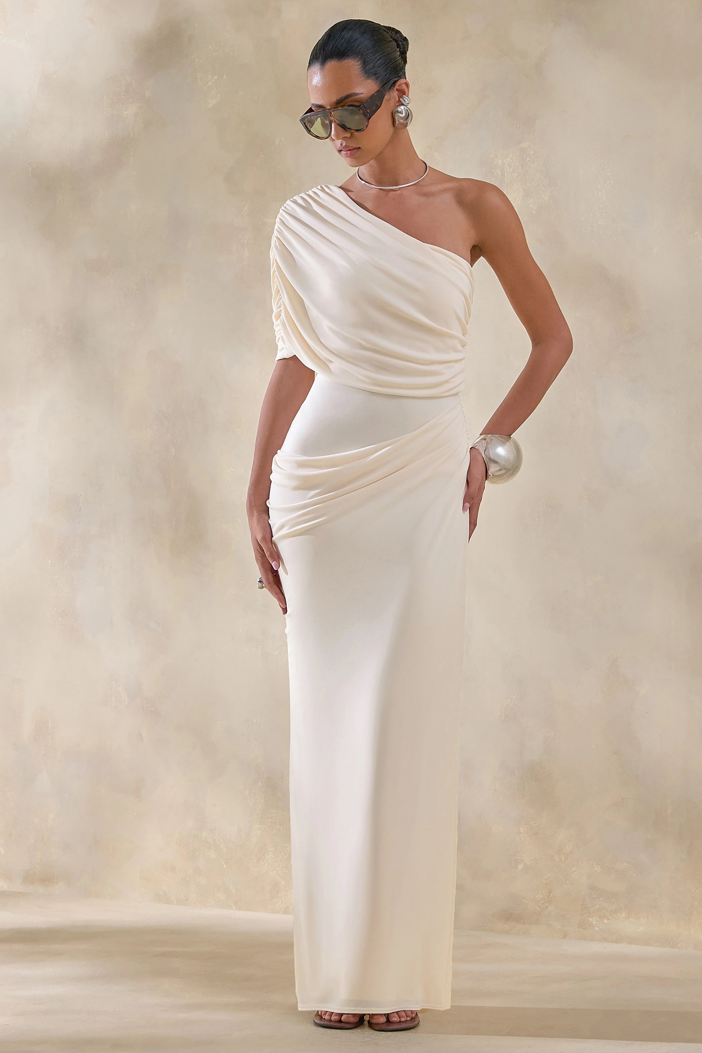 Iberia Cream Asymmetric Neck Maxi Dress With Draped Detail