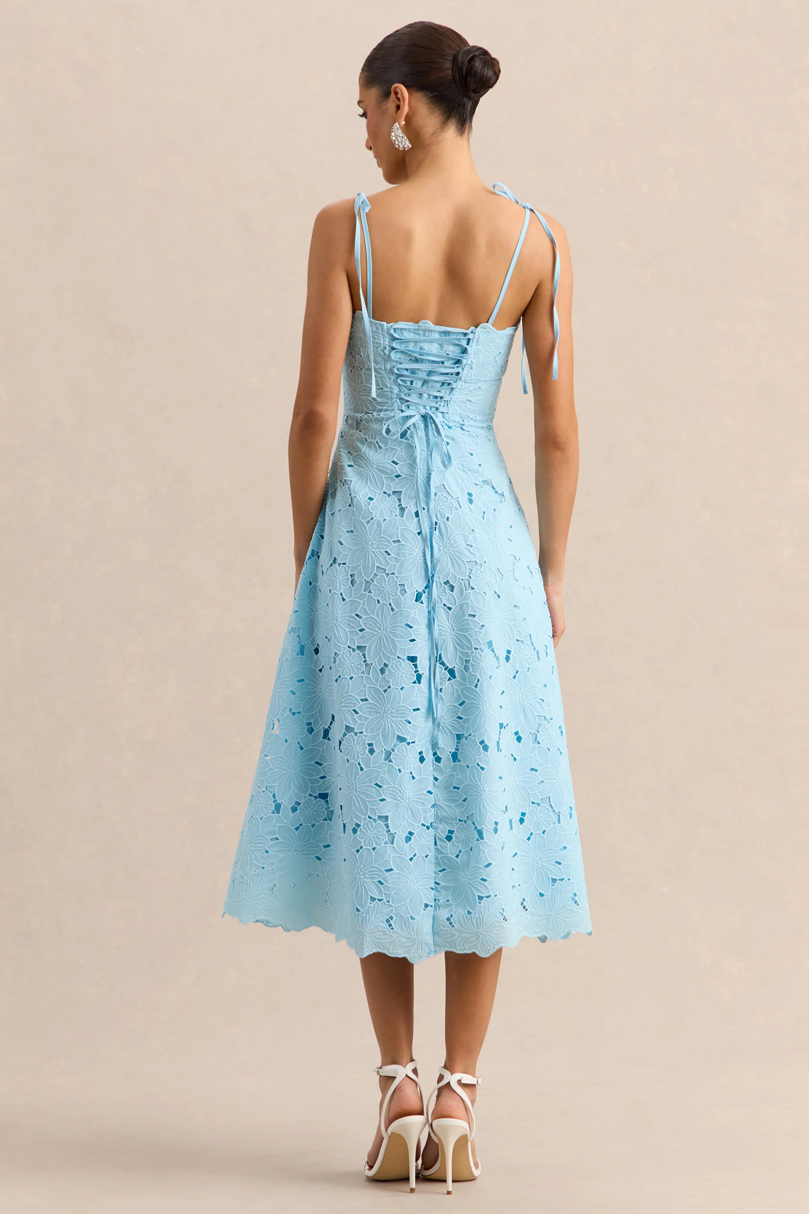 Anna Embroidered Powder Blue Square Neck Midi Dress