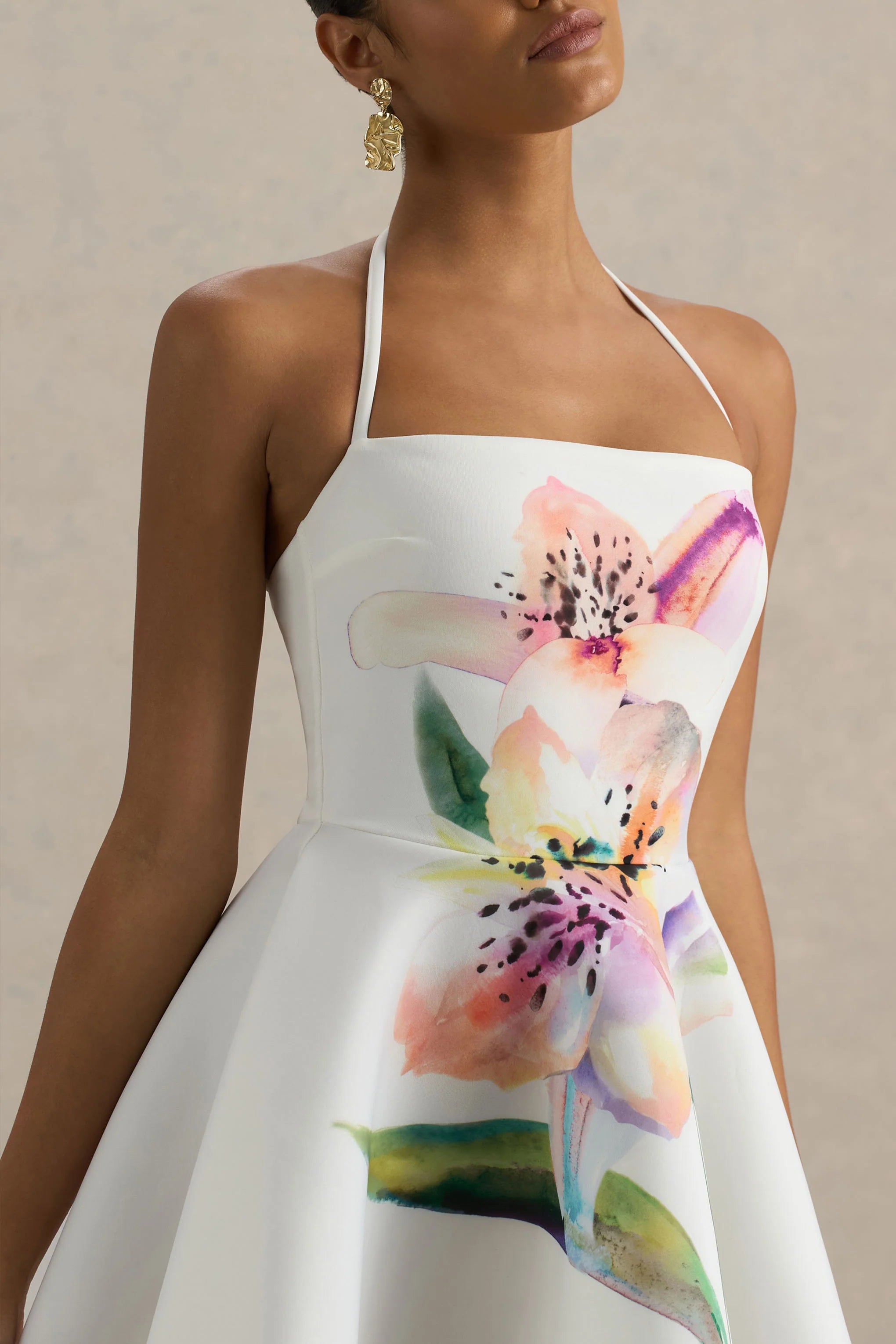 Taylor White Lily Print Square Neck Mini Dress