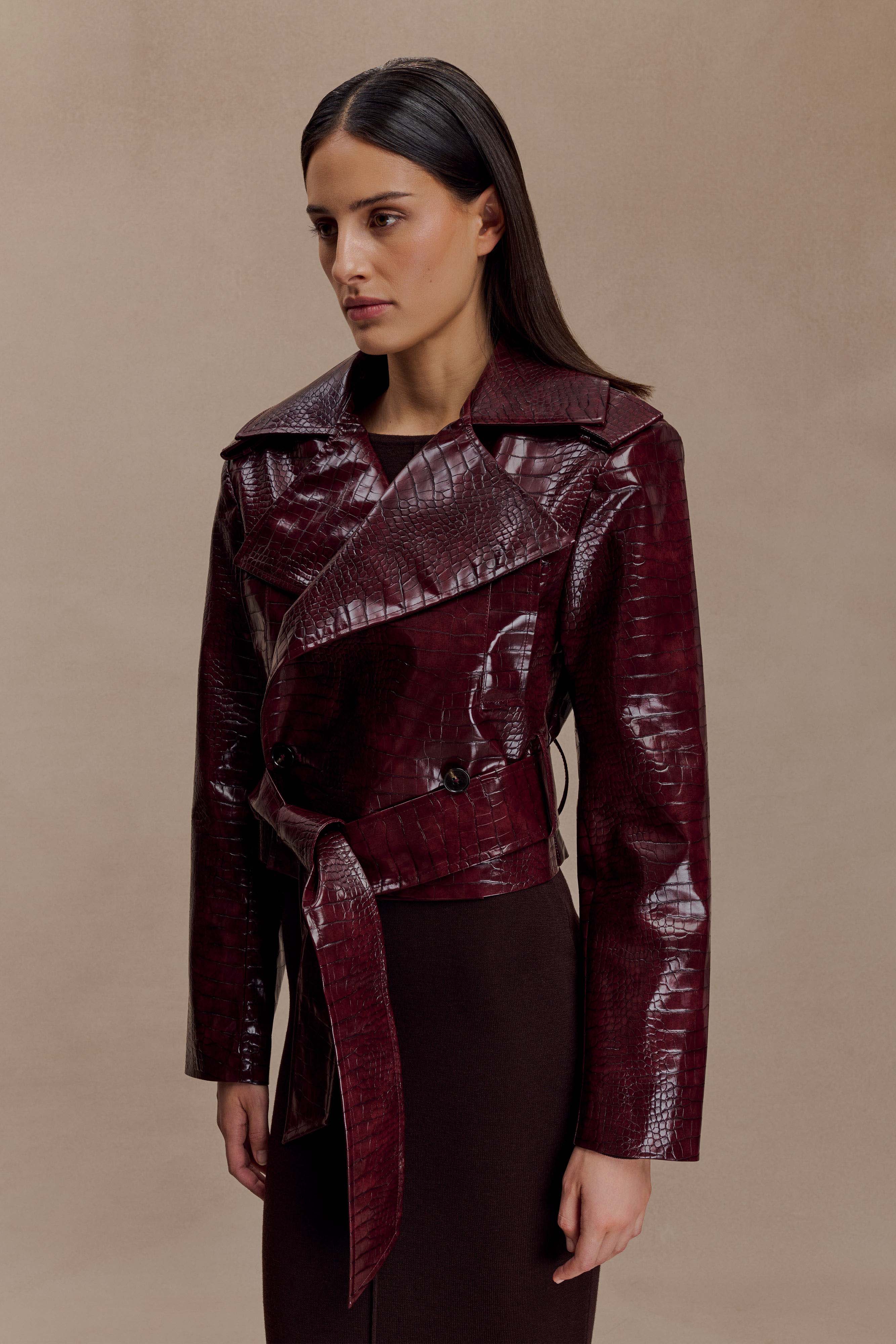 Archie Croc Faux Leather Cropped Jacket Burgundy