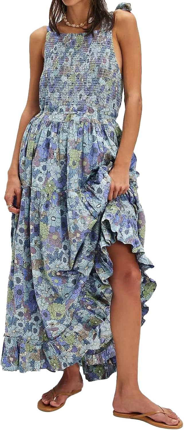 Women Floral Maxi Dress Tie Shoulder Cutout Backless Boho Smocked Flowy Dresses Summer Fall Sundress