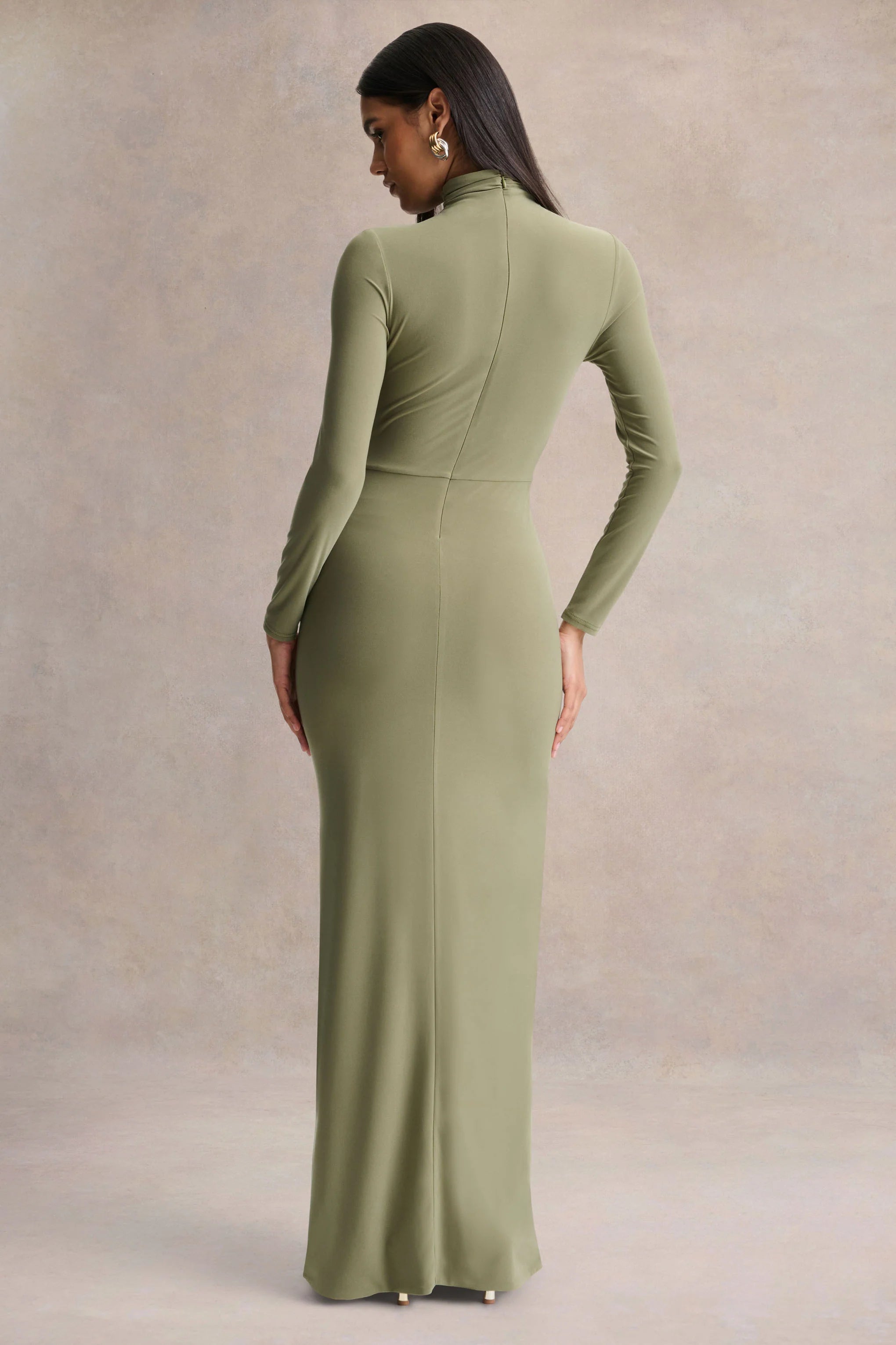 Persis Olive High Neck Maxi Dress With Gathered Detailing
