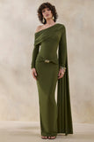 Bessy Green Asymmetric Neck Maxi Dress With Gathered Detailing And Sash