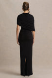 Glitz Black High Neck Maxi Dress With Cape Sleeve and Ruched Detail