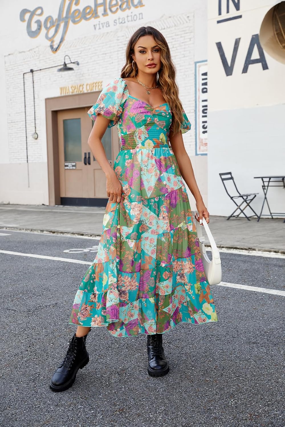 Women Floral Maxi Dress Short Puff Sleeve V Neck Bohemian Flowy Dress Smocked Casual Spring Summer Dresses