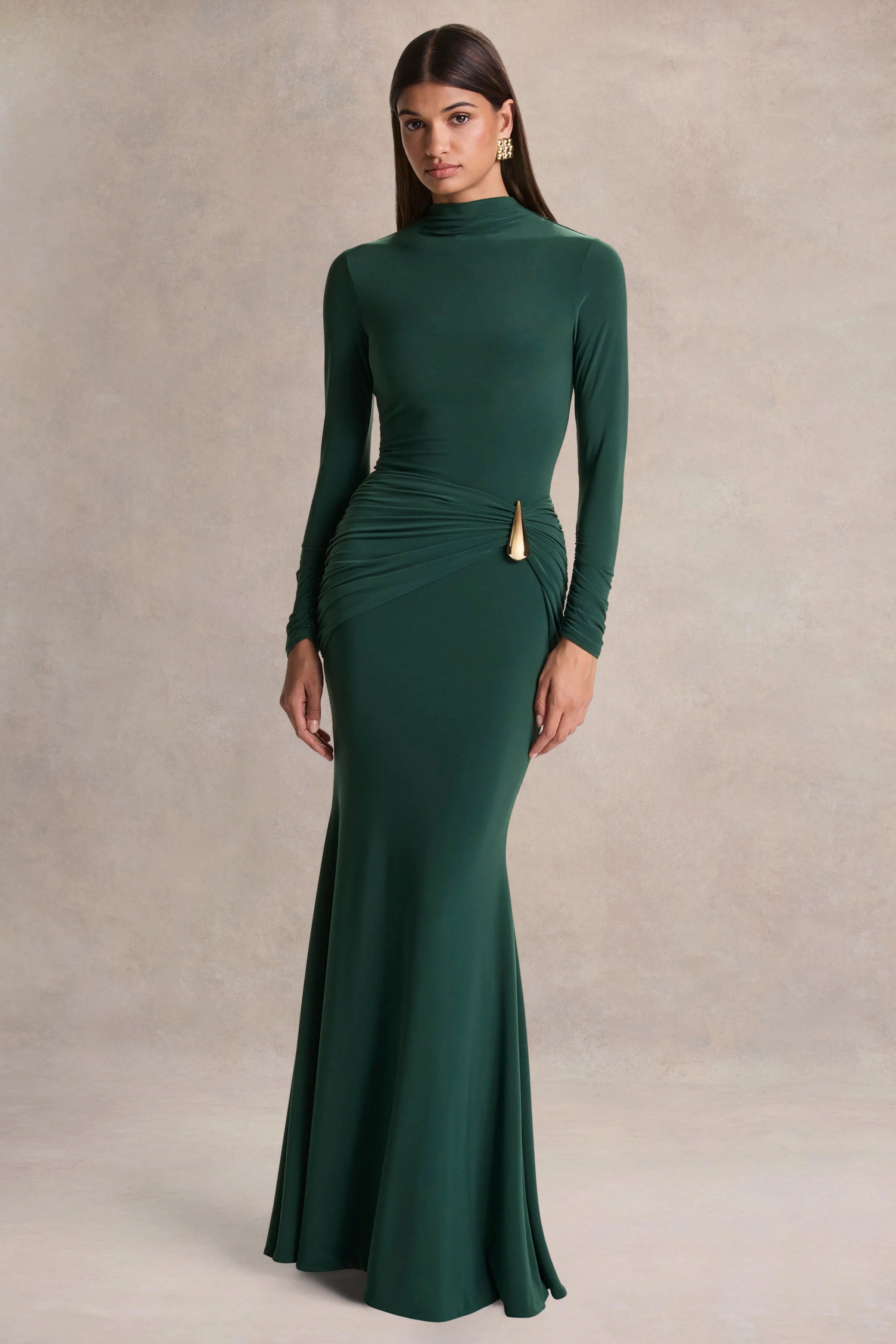 Solarium Dark Green Long Sleeve Maxi Dress With Gold Detail