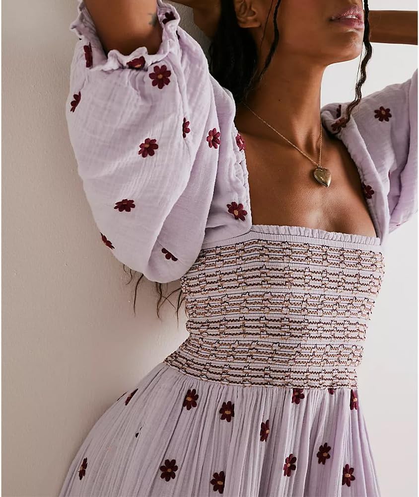 Women Floral Embroidered Maxi Dress Long Puff Sleeve Square Neck Bohemian Flowy Dress with Pockets Summer Fall