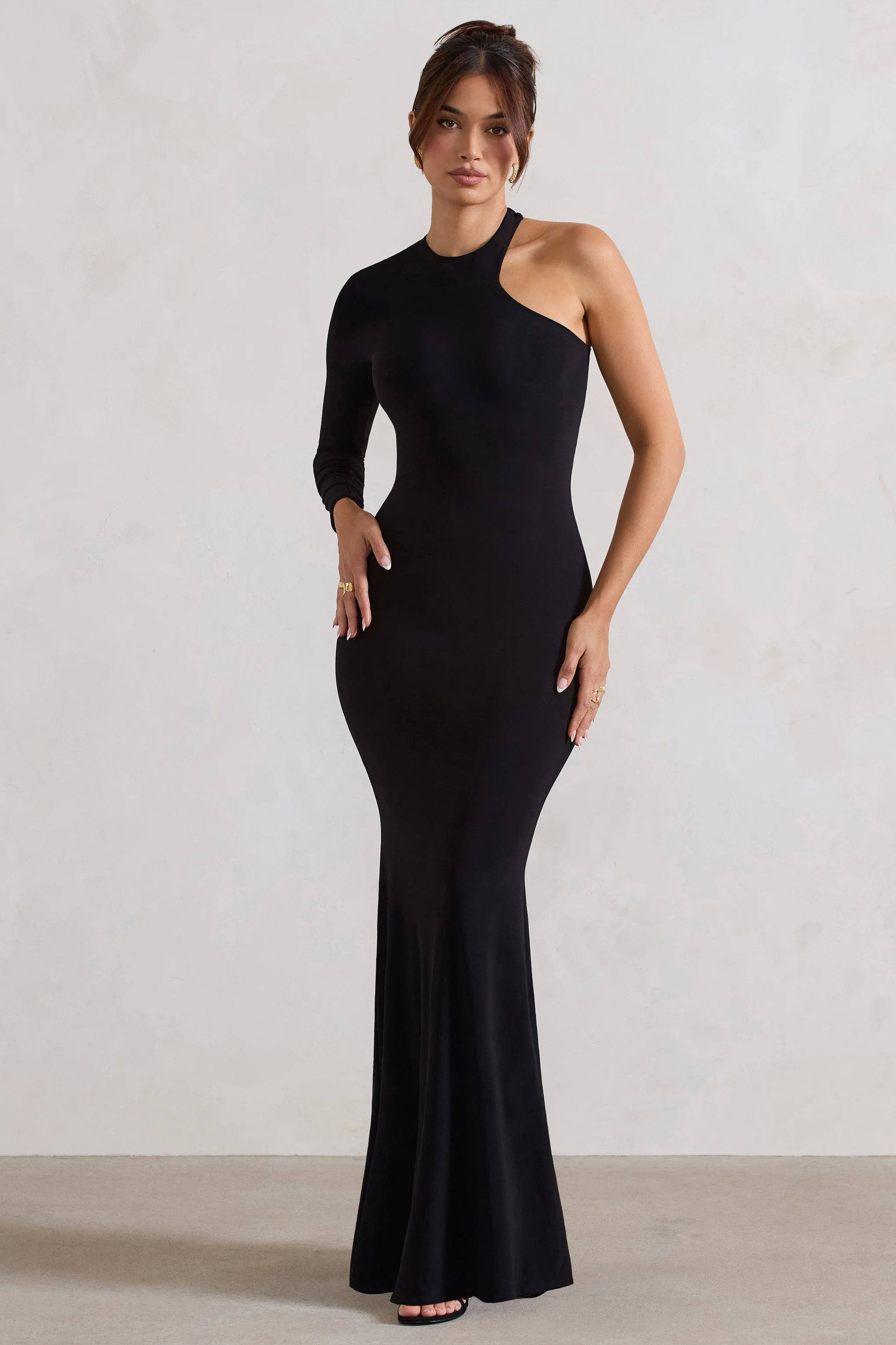 Tyra Black Asymmetric Neck Cut Out Maxi Dress With Open Back Detail