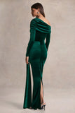 Hadria Bottle Green Velvet Asymmetric Neck Maxi Dress With Sash Detail