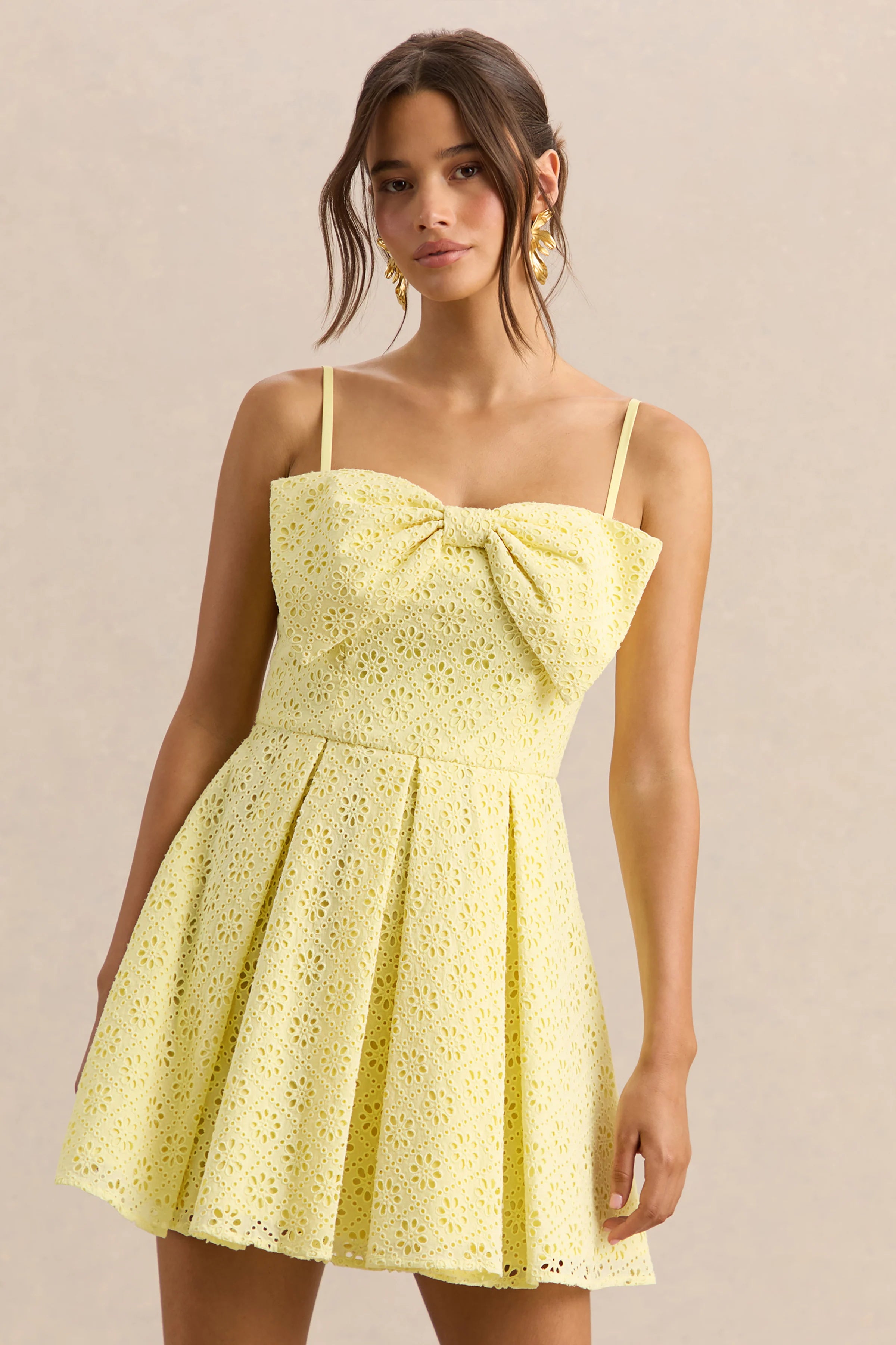 Elina Lemon Square Neck Mini Dress With Bow Detail