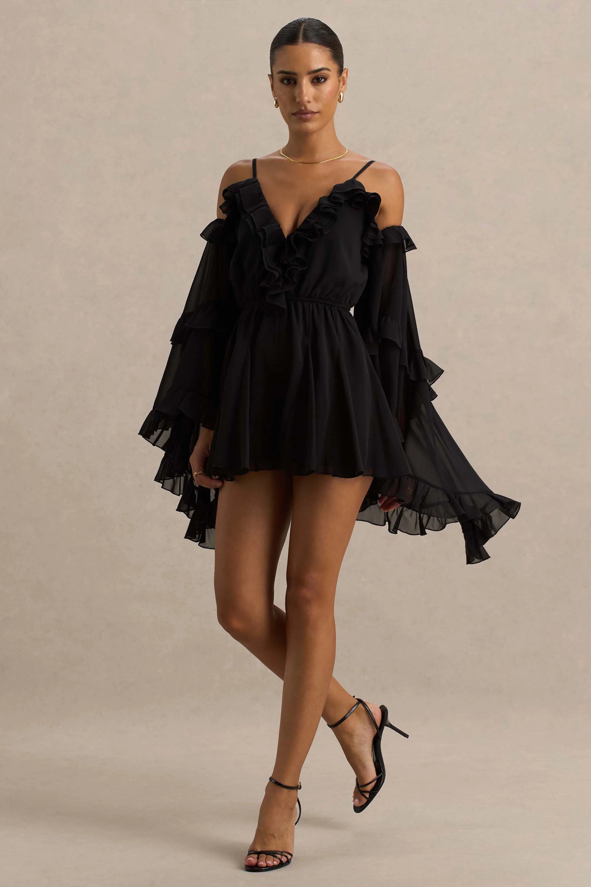 Anaya Black Chiffon Playsuit With Long Sleeves