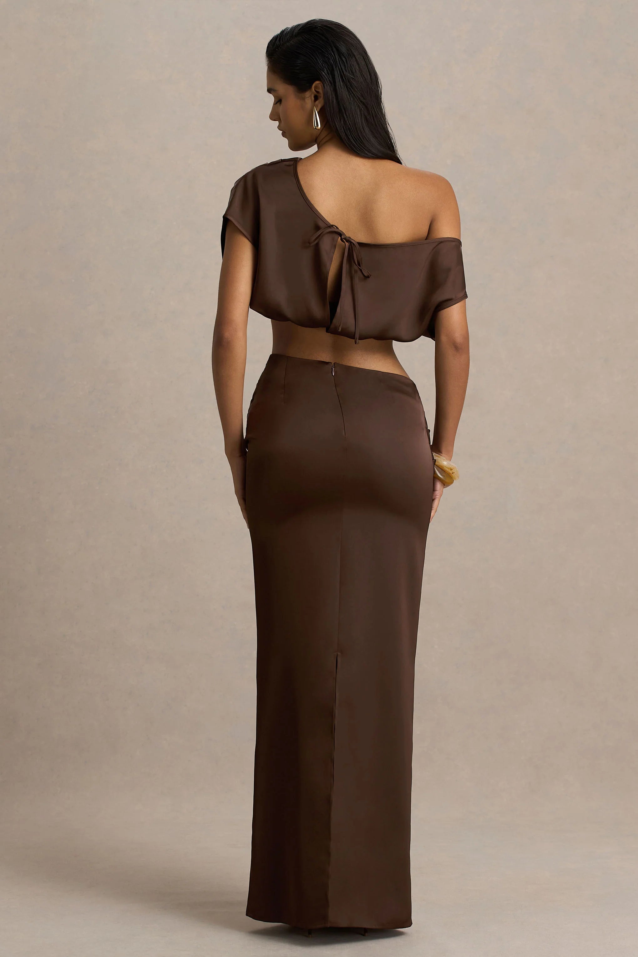Megan Brown Satin Wrap Maxi Skirt With Gathered Detailing