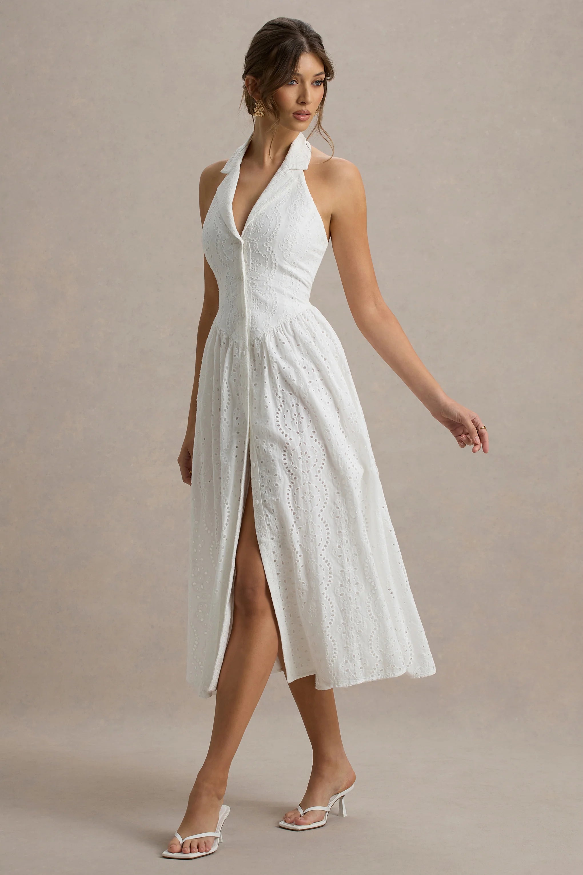 Jezebel White Lace Plunge Neck Collared Midi Dress