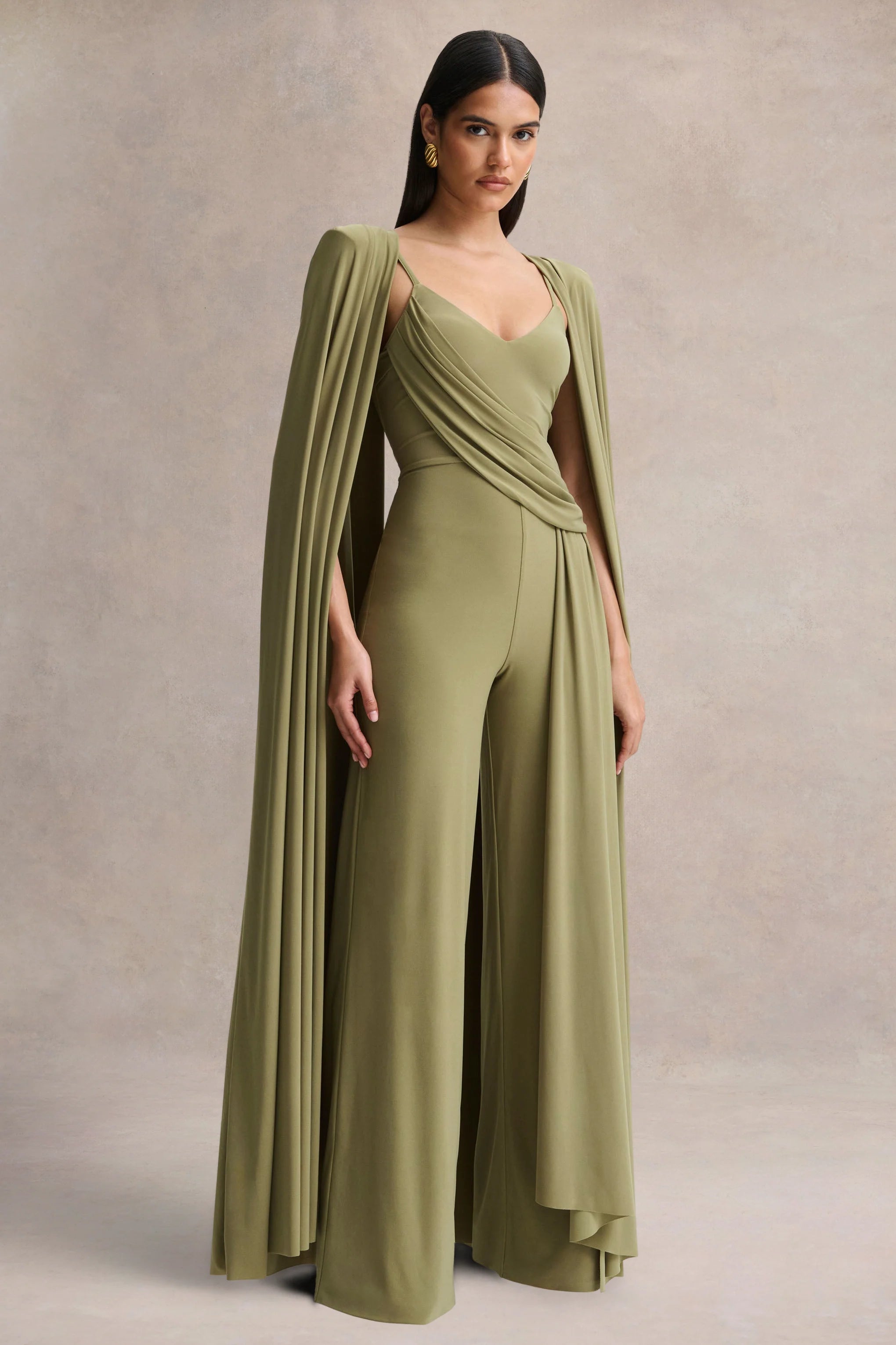 Labina Green Plunge Neck Jumpsuit With Cape Sleeves