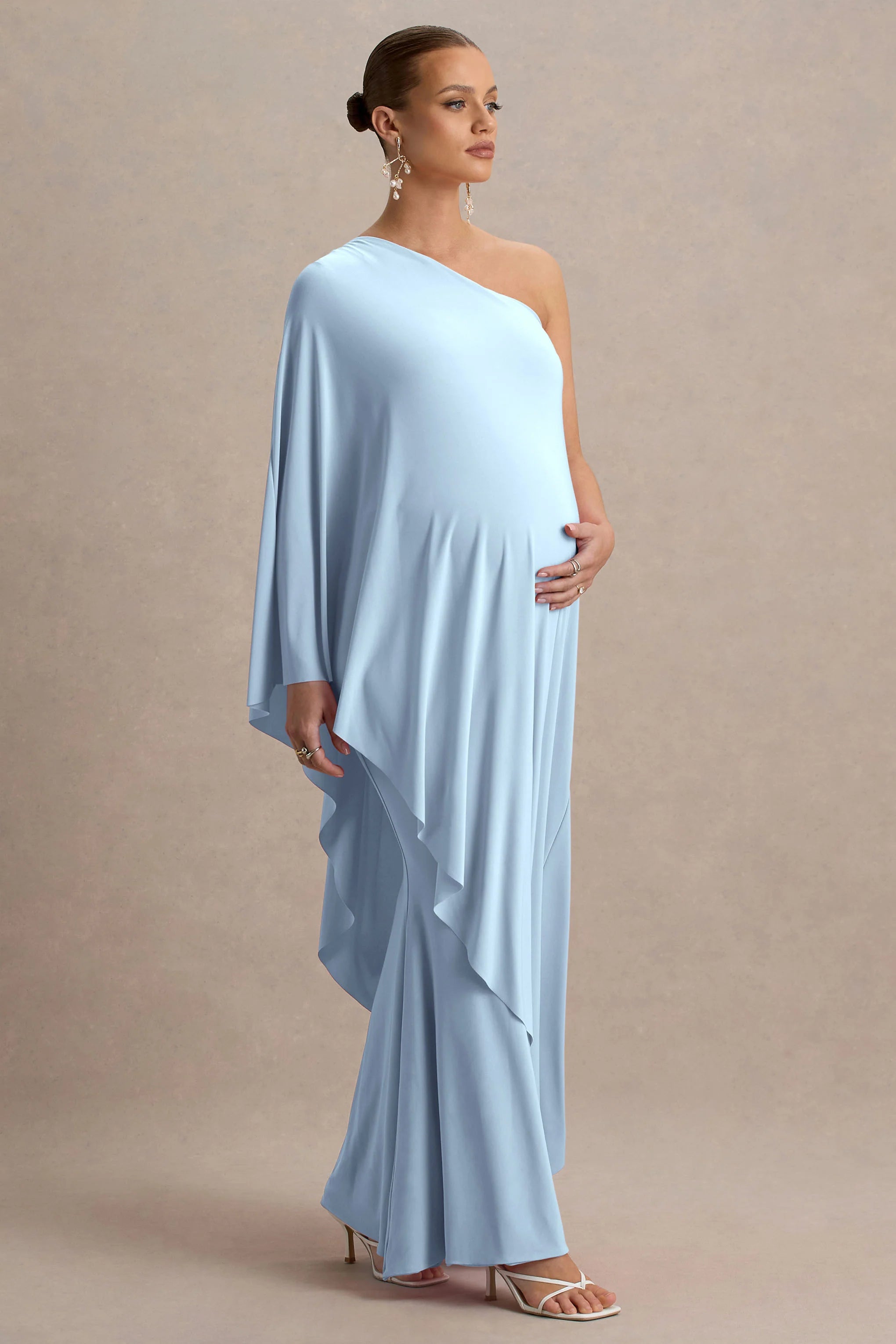Waves Powder Blue Asymmetric Maternity Maxi Dress With One Sleeve Cape