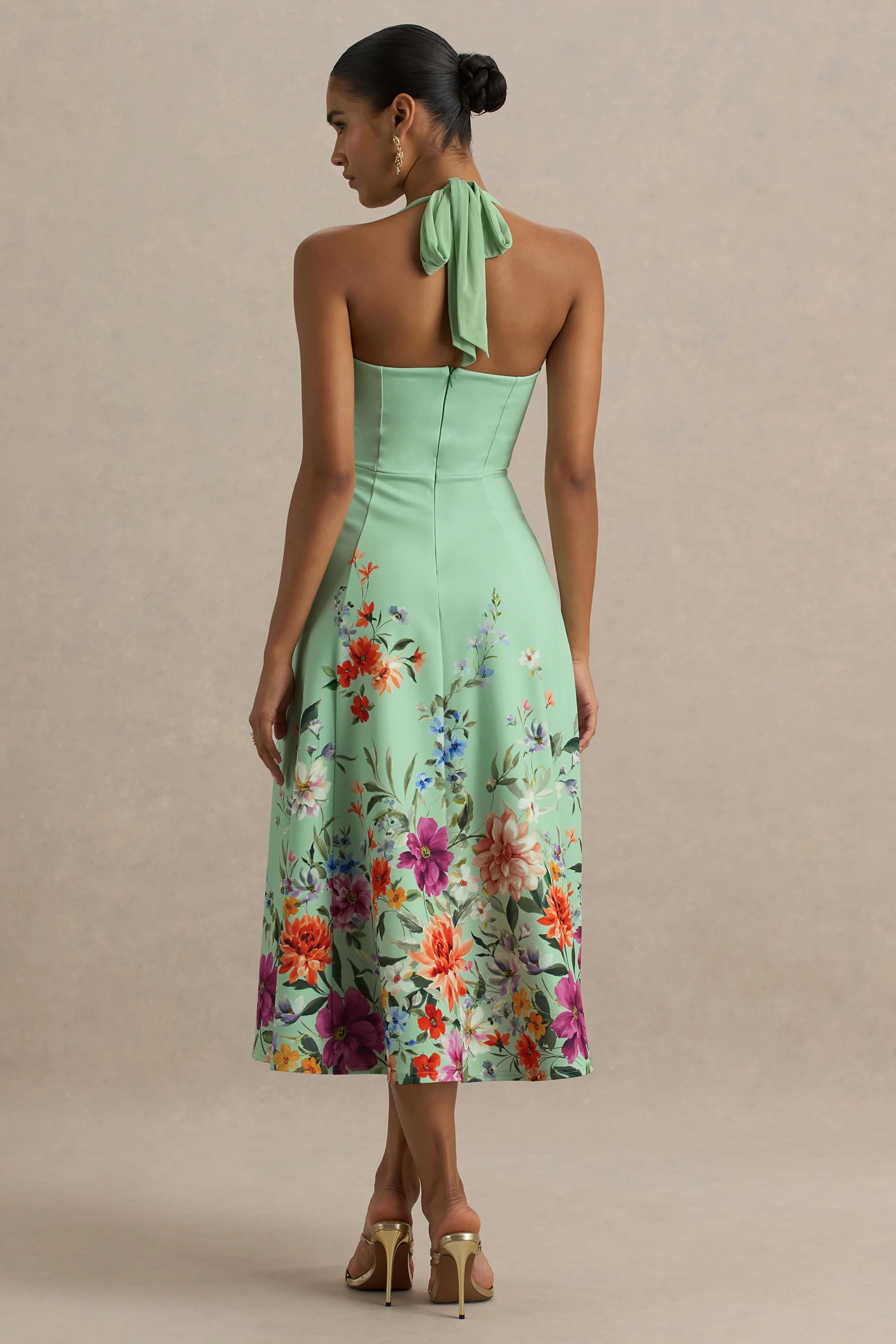 Auburn Mint Placement Floral Halter Neck Midi Dress