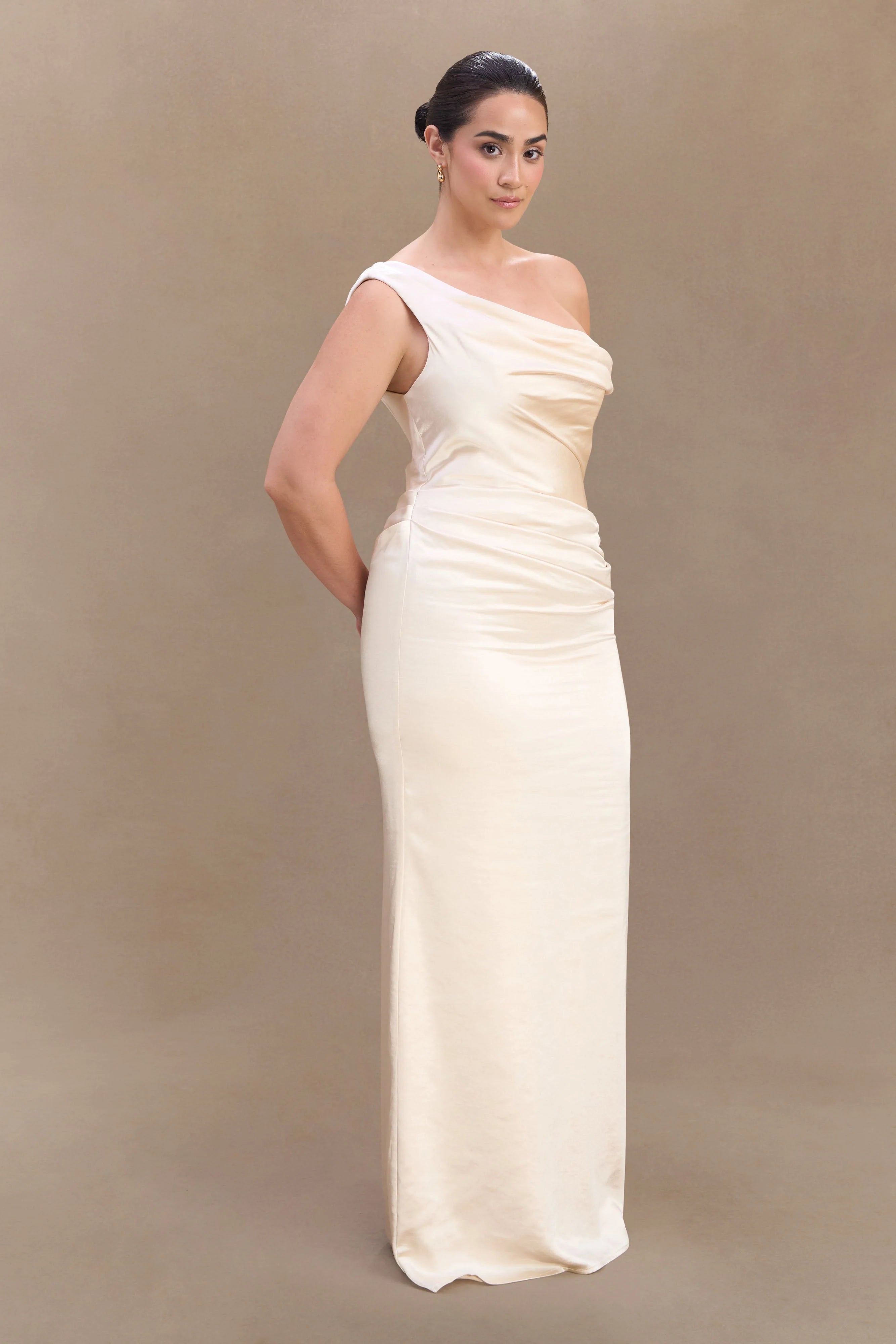 Dalia Off Shoulder Satin Maxi Dress Blush Gold