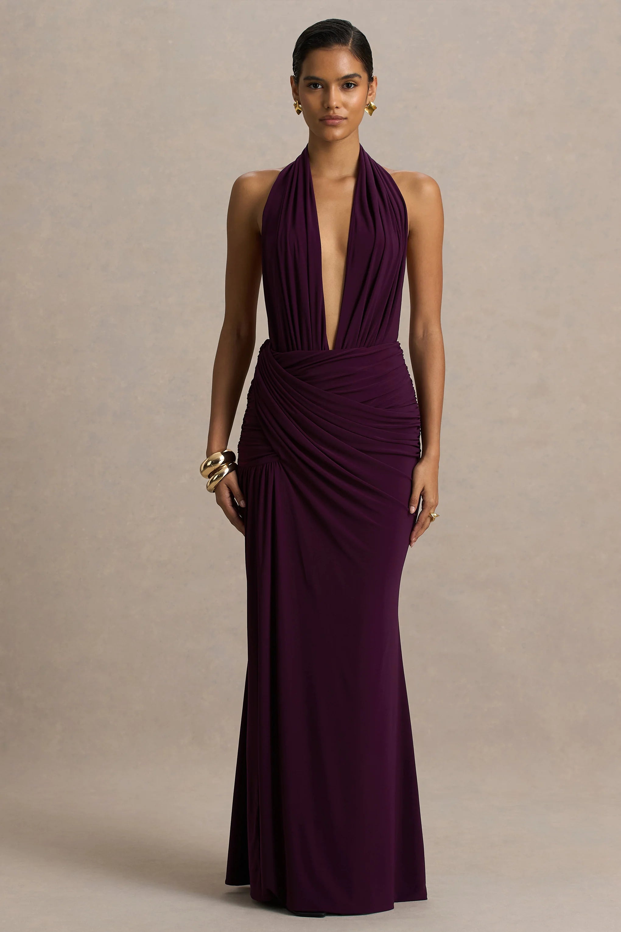 Tilly Burgundy Extreme Plunge Neck Maxi Dress With Wrap And Ruched Details