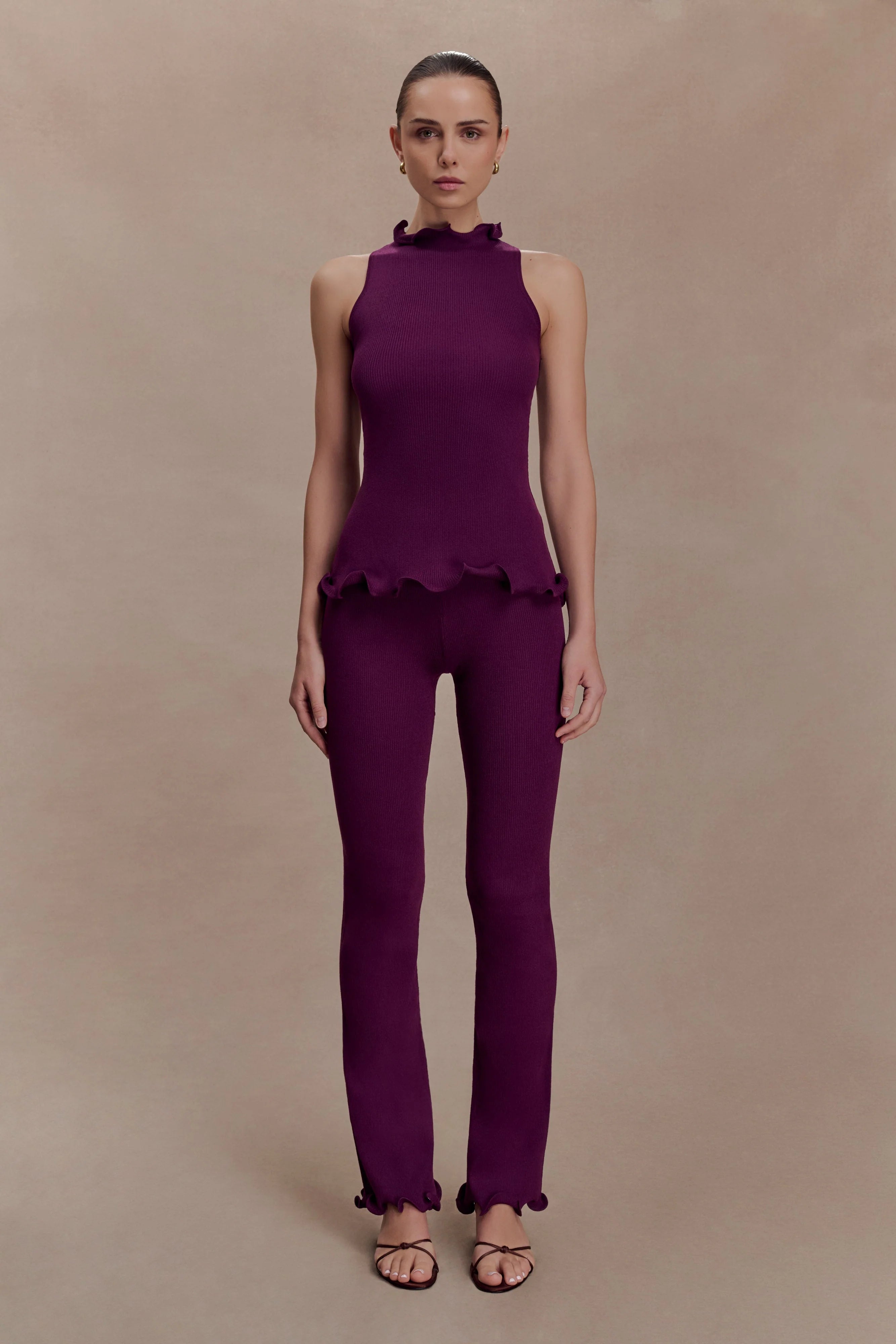 Diya Ribbed High Waisted Pants With Wire Hem Plum
