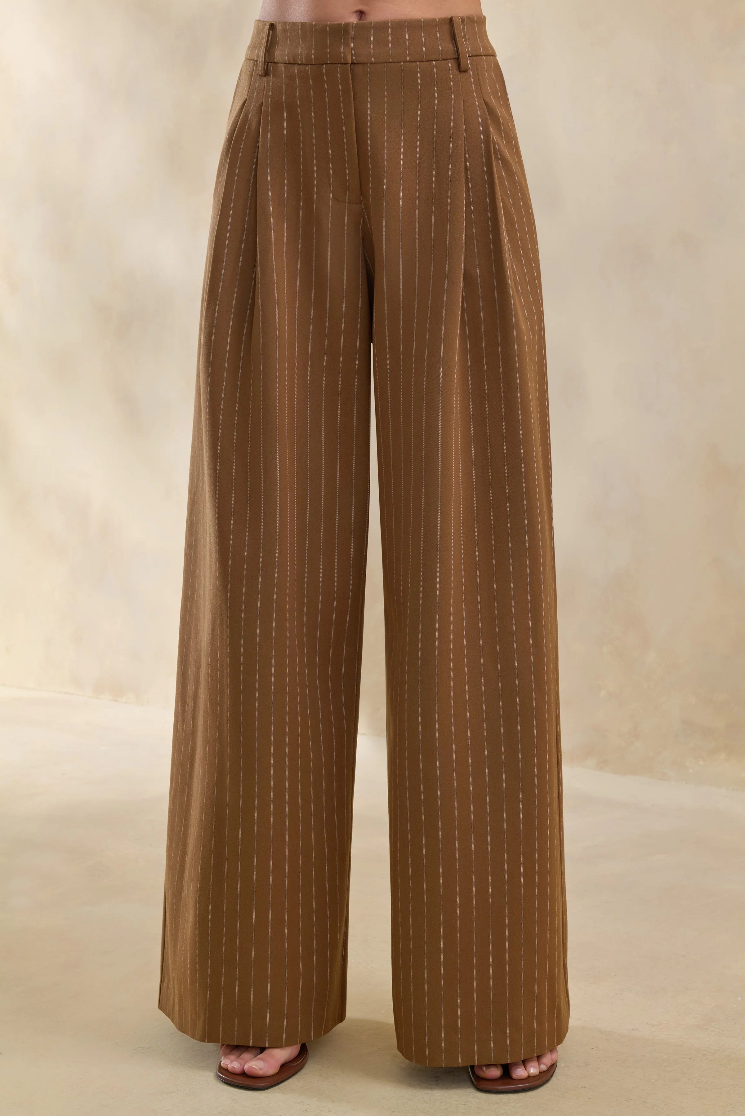 Meliva Brown Pinstripe Wide Leg Tailored Trouser