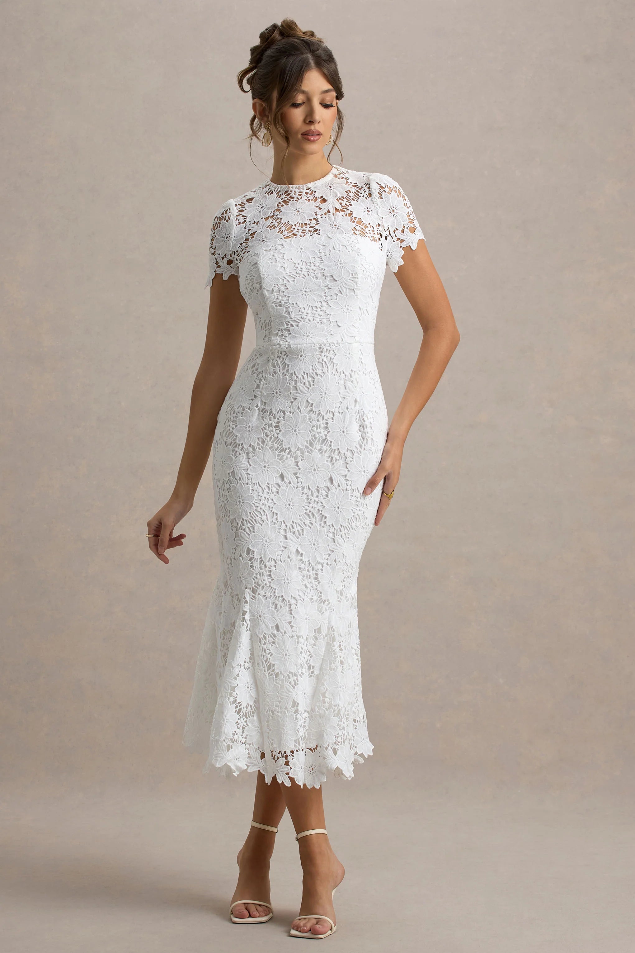 Clarissa White Lace Short Sleeve Midi Dress