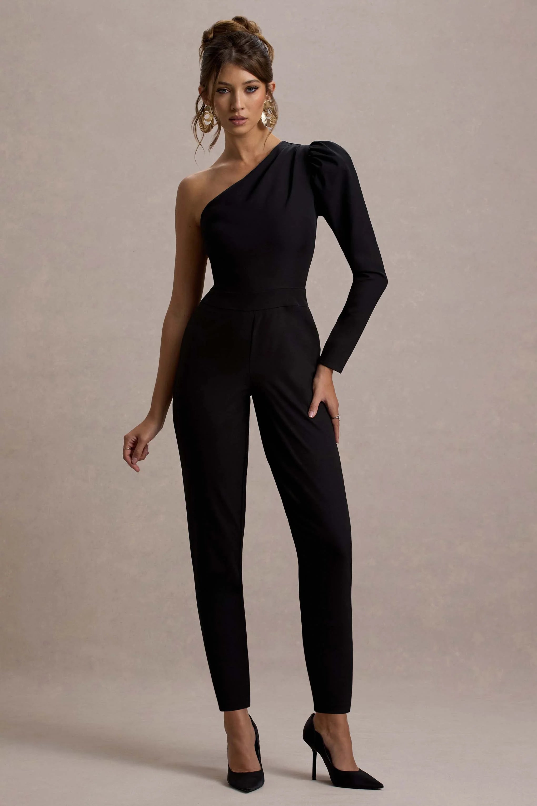San Jose Black One Shoulder Puff Sleeve Jumpsuit
