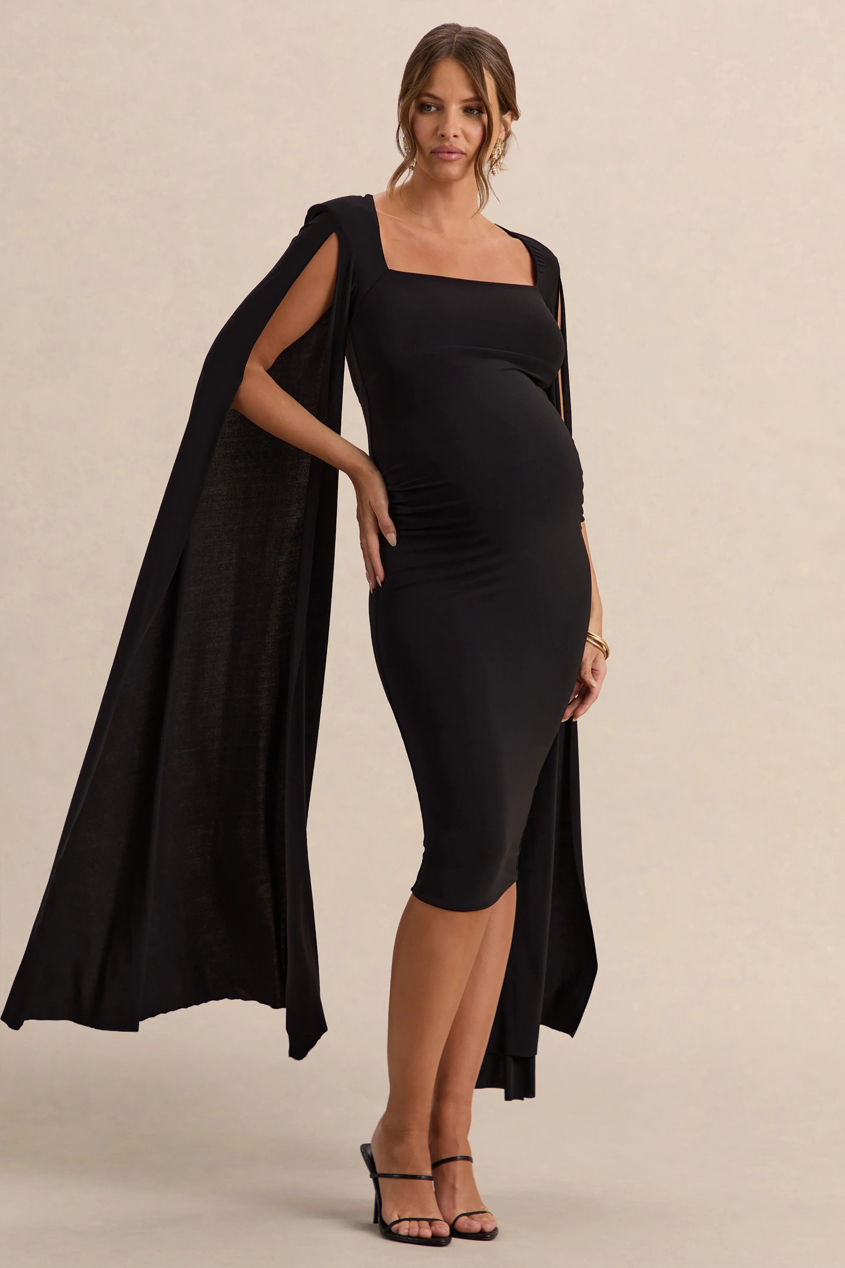 Flawless Black Square Neck Maternity Midi Dress With Cape Sleeves