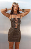 Britany Vintage Brown PU Lace Up Mini Dress