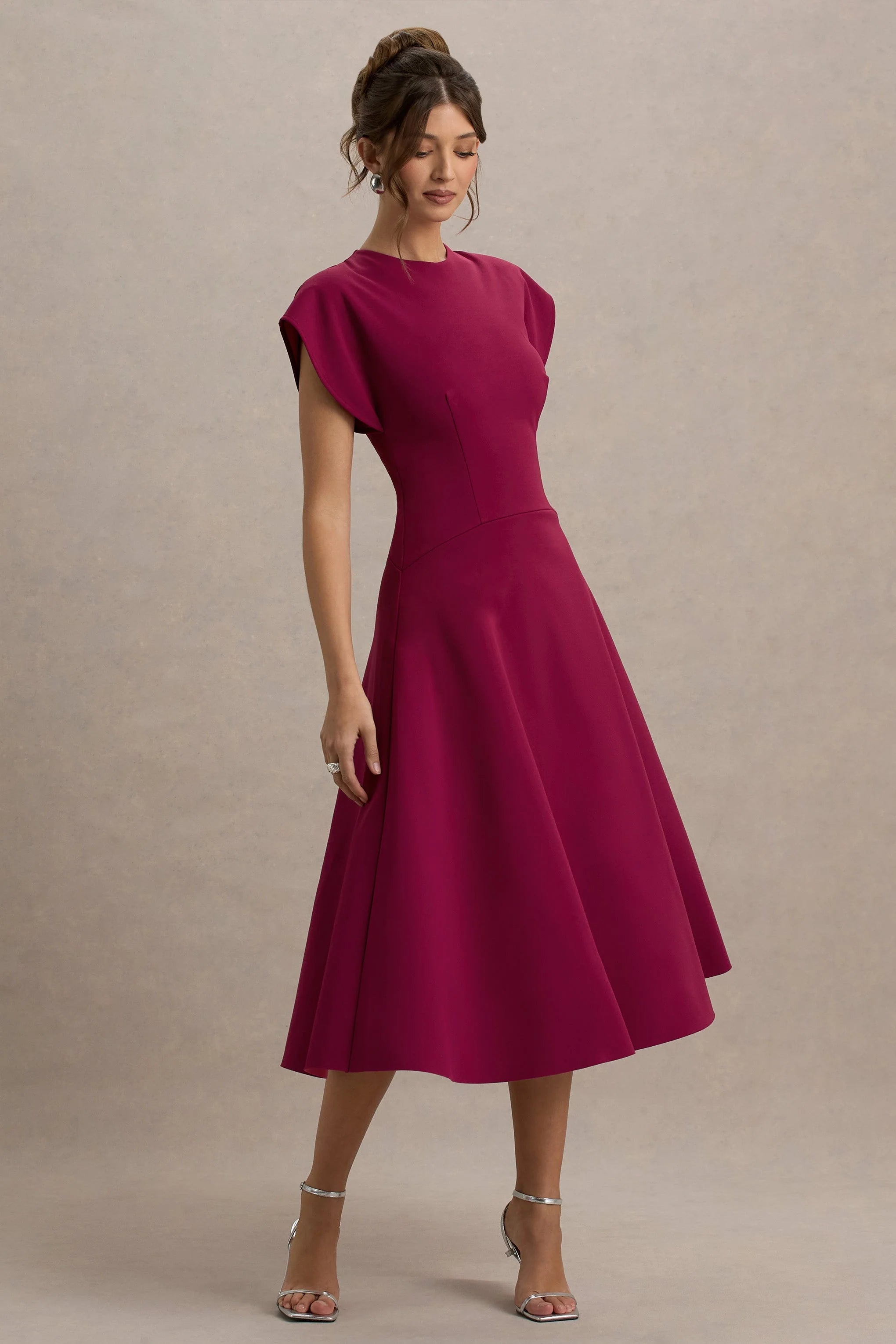 Linda Dark Cherry Crew Neck Cap Sleeve Midi Dress