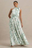 Talia Green Floral Print High Neck Maxi Dress With Front High Split