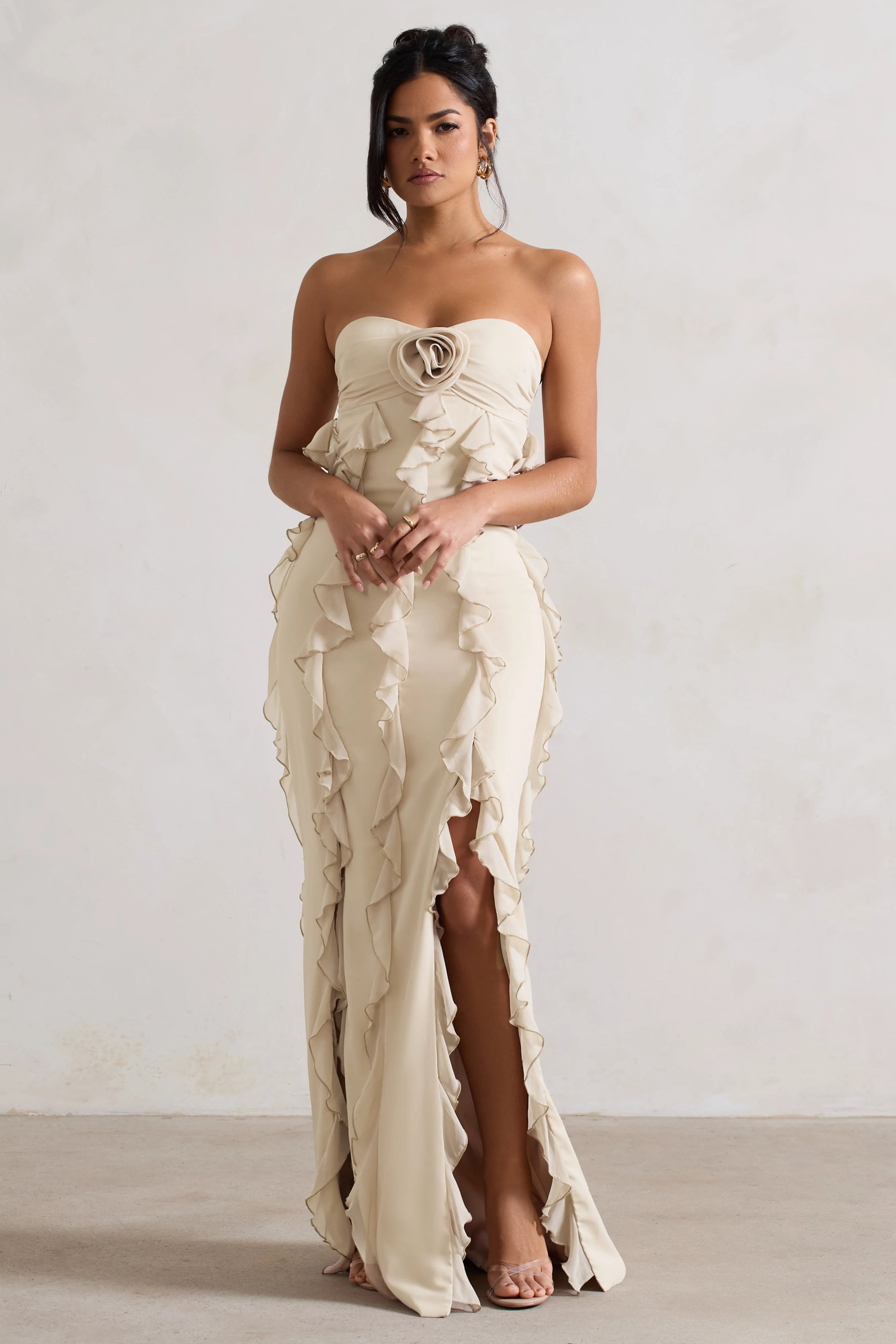 Gardenia Champagne Strapless Ruffle Maxi Dress With Corsage